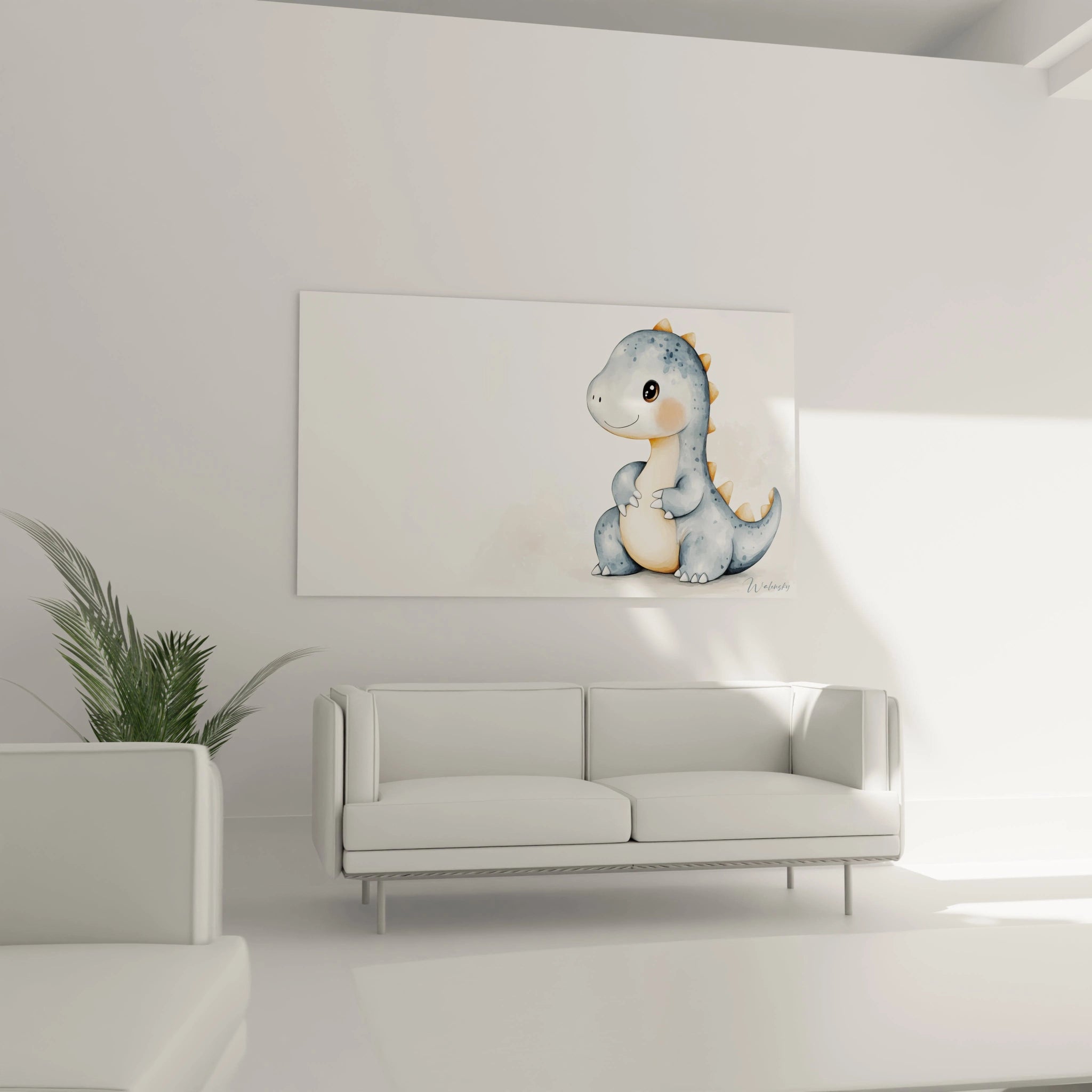 Un tableau dinosaure pour enfant illustrant un dinosaure debout sur un fond clair, aux couleurs dominantes bleu-gris, beige et orange, avec un effet pictural fluide et des contours arrondis.