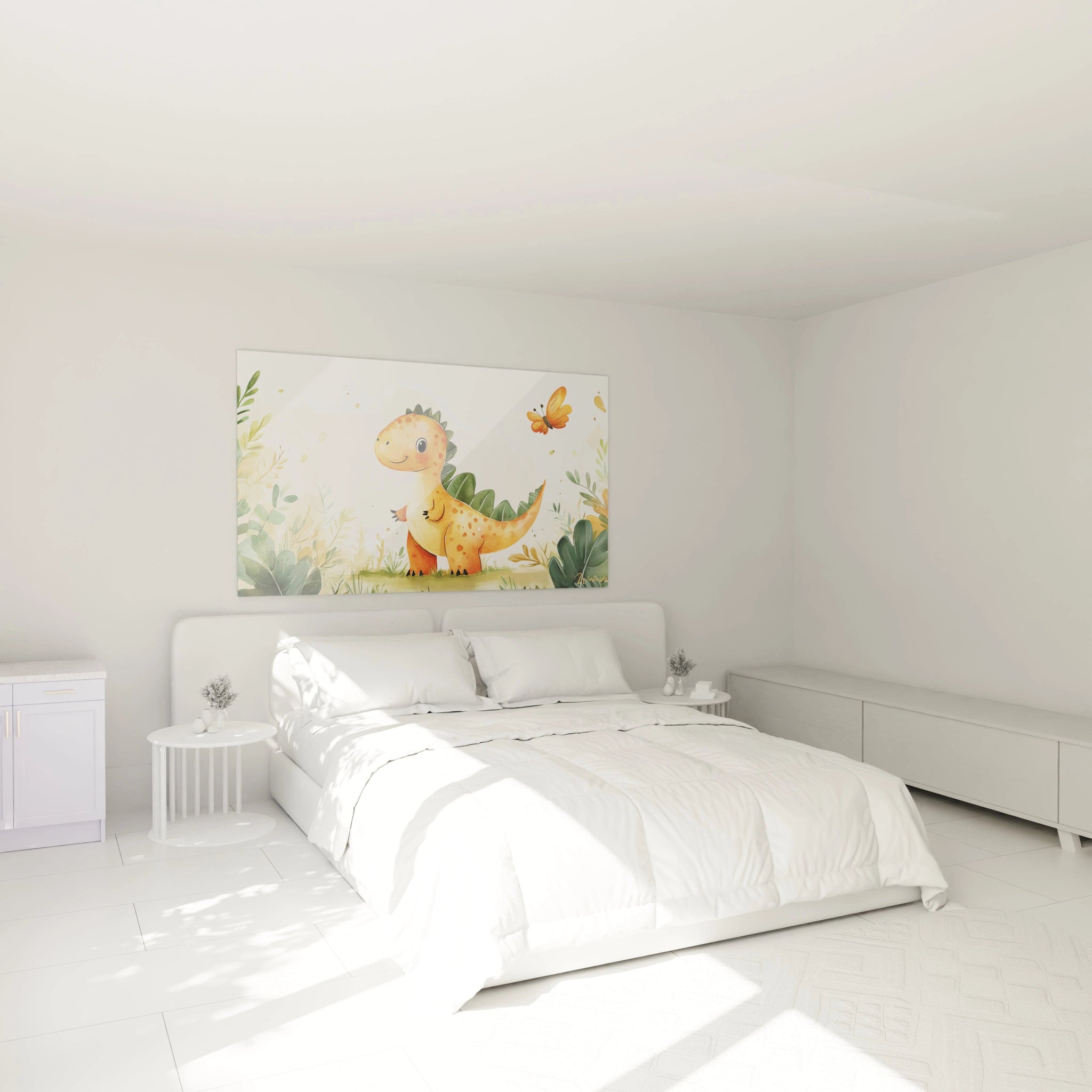 Un tableau dinosaure pour enfant illustrant un dinosaure orange Ă crĂȘte verte, debout dans un dĂ©cor vĂ©gĂ©tal. Fond texturĂ© beige avec touches vertes et effet de superposition fluide.