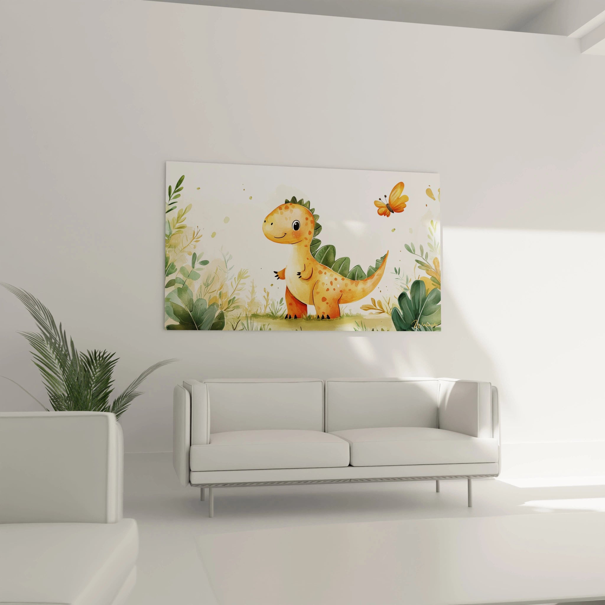 Un tableau dinosaure pour enfant montrant un dinosaure orange aux motifs tachetĂ©s, accompagnĂ© dâun papillon orange. Texture aquarelle lĂ©gĂšre sur fond beige avec feuillage dĂ©taillĂ© en vert.