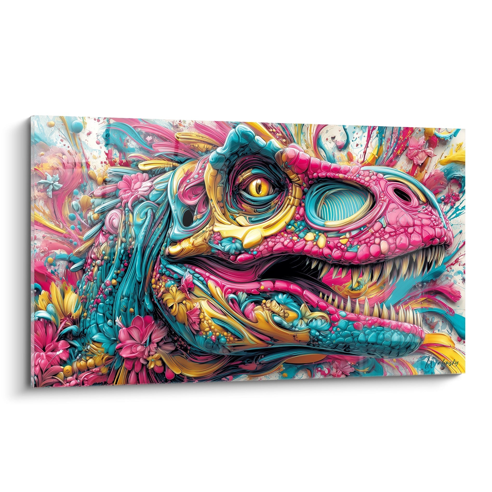 Tableau dinosaure psychédélique coloré avec dragon aux écailles roses et yeux dorés art mural moderne