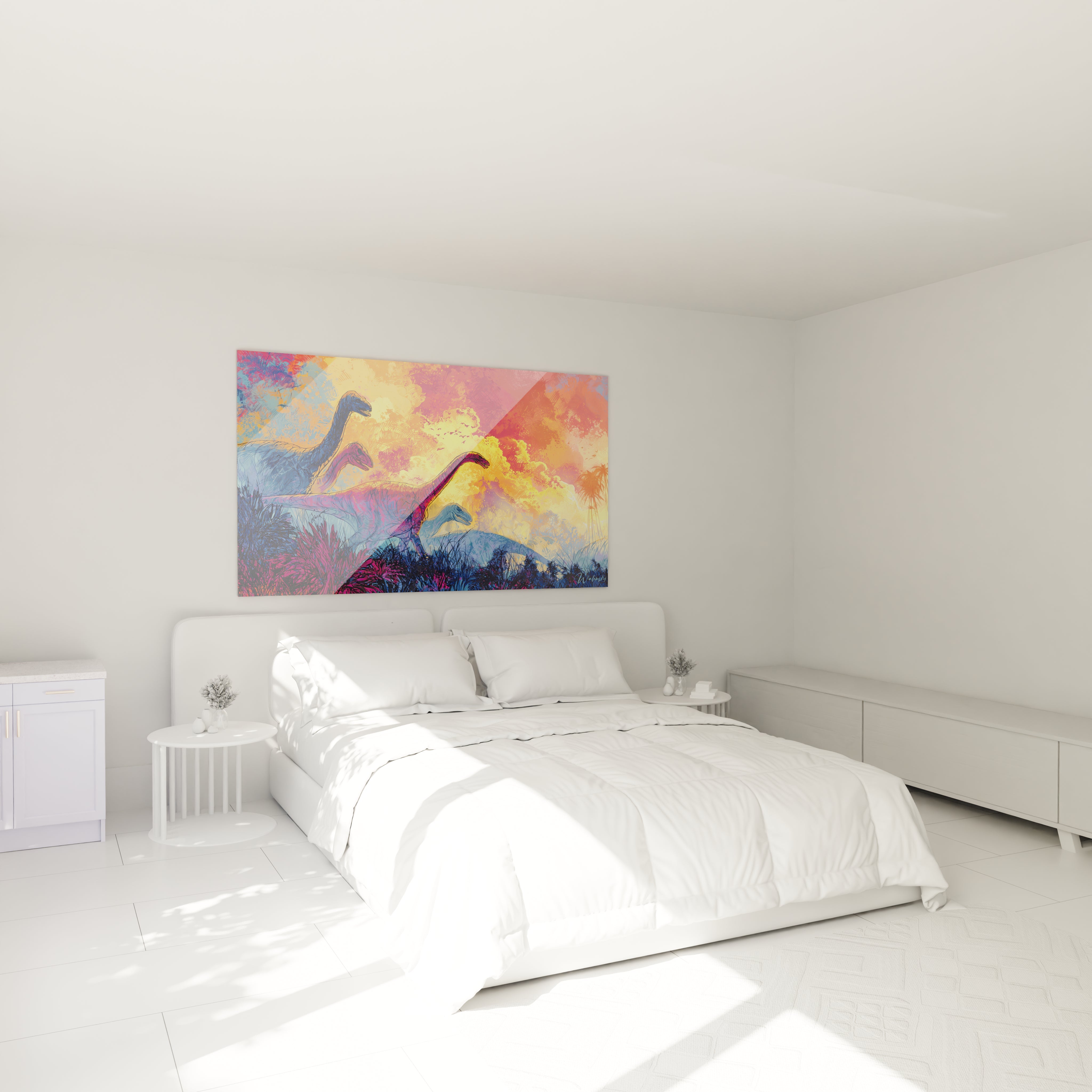 Ambiance chambre avec tableau dinosaure sauropodes coucher soleil décoration murale colorée