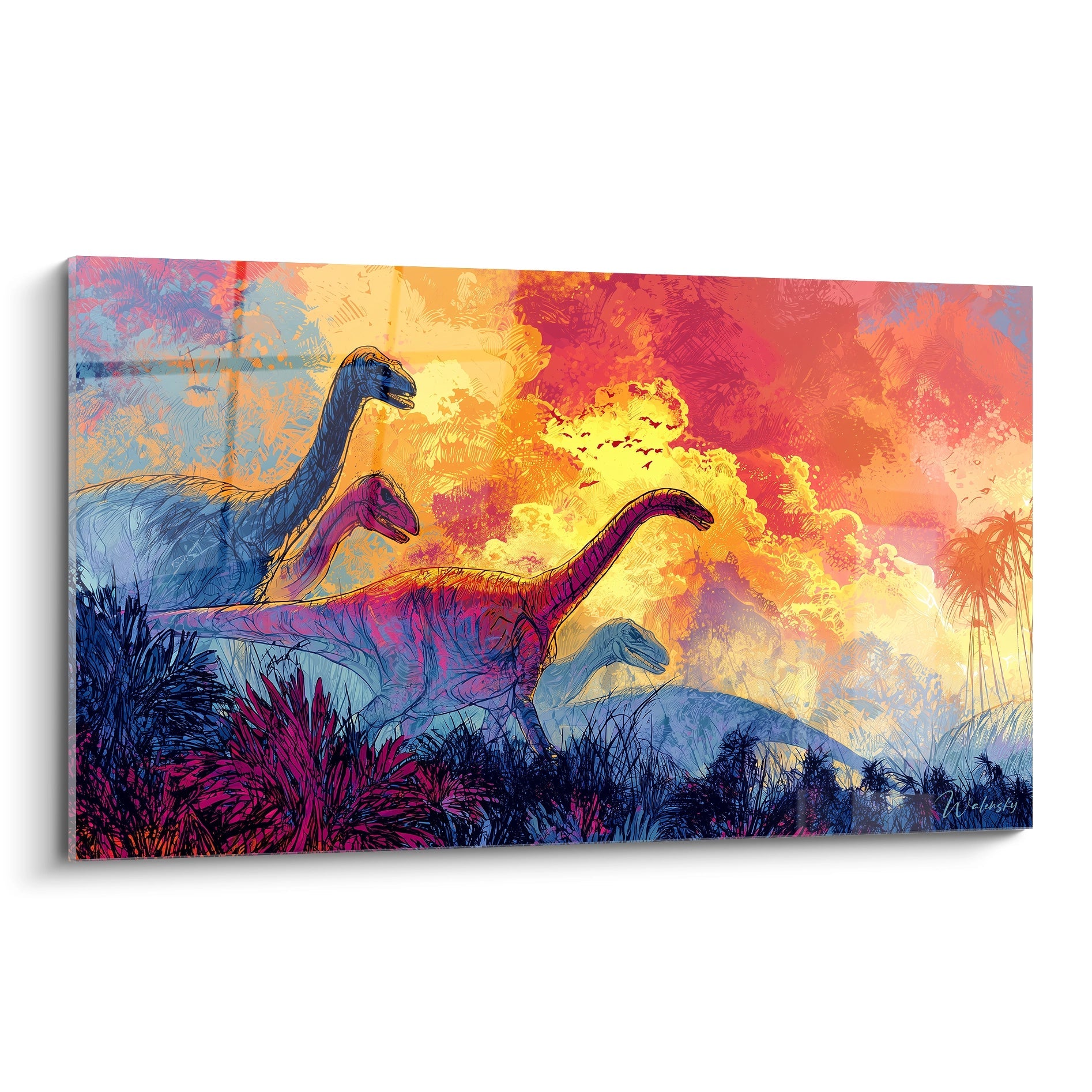 Tableau mural dinosaure sauropodes coloré coucher soleil paysage préhistorique art décoratif