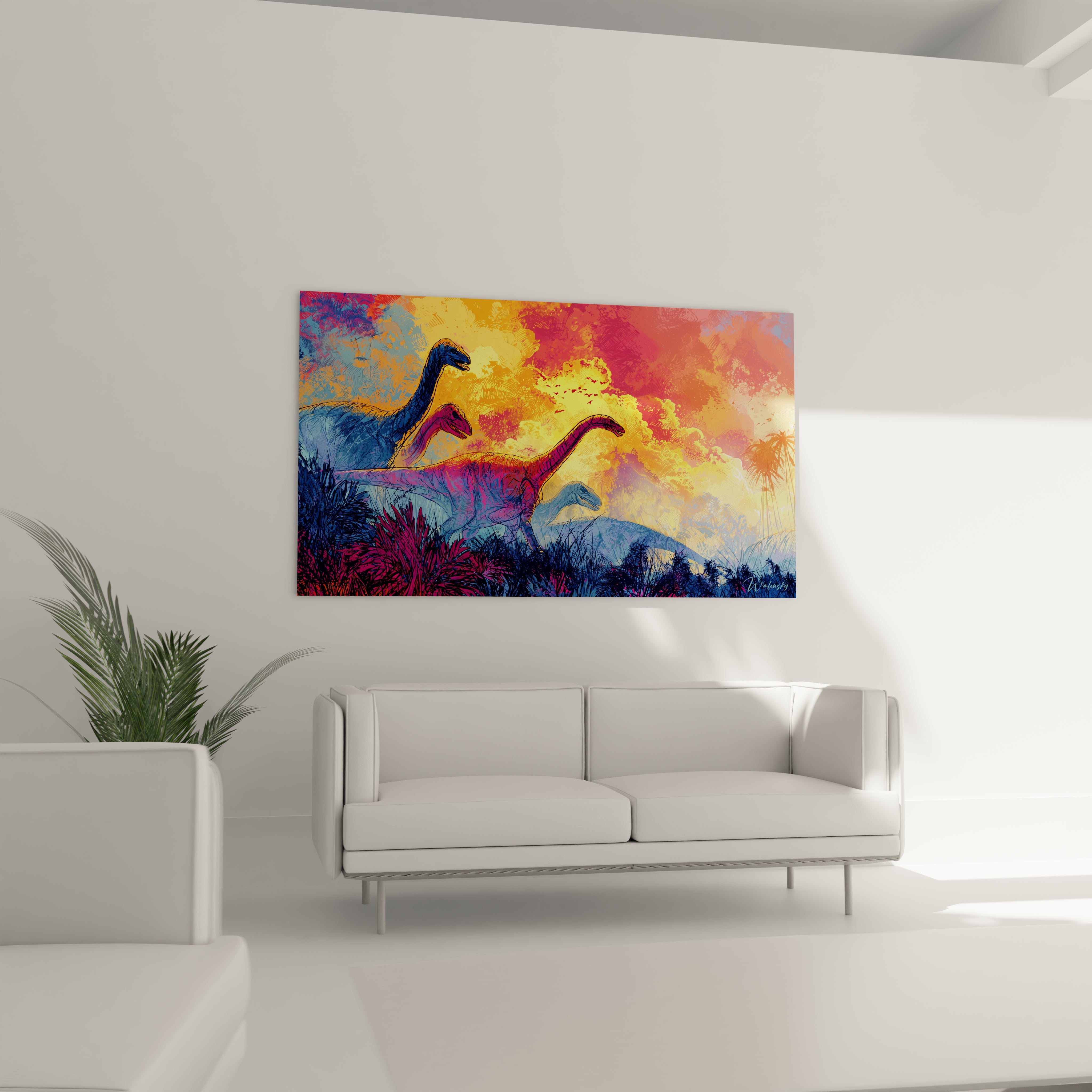 Gros plan détails tableau dinosaure sauropodes peinture artistique couleurs vives qualité