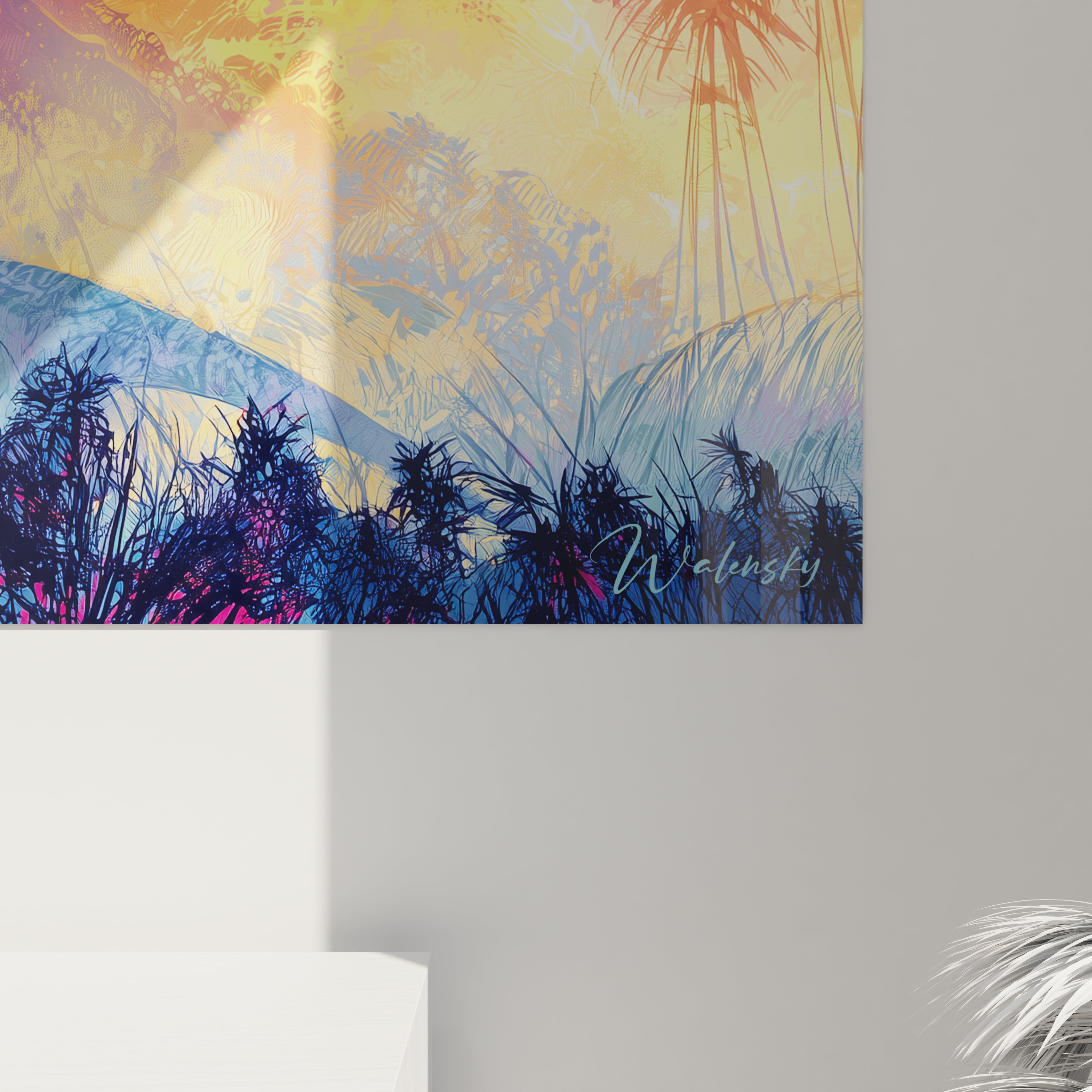 Vue ensemble tableau mural dinosaure sauropodes coucher soleil décoration intérieur moderne