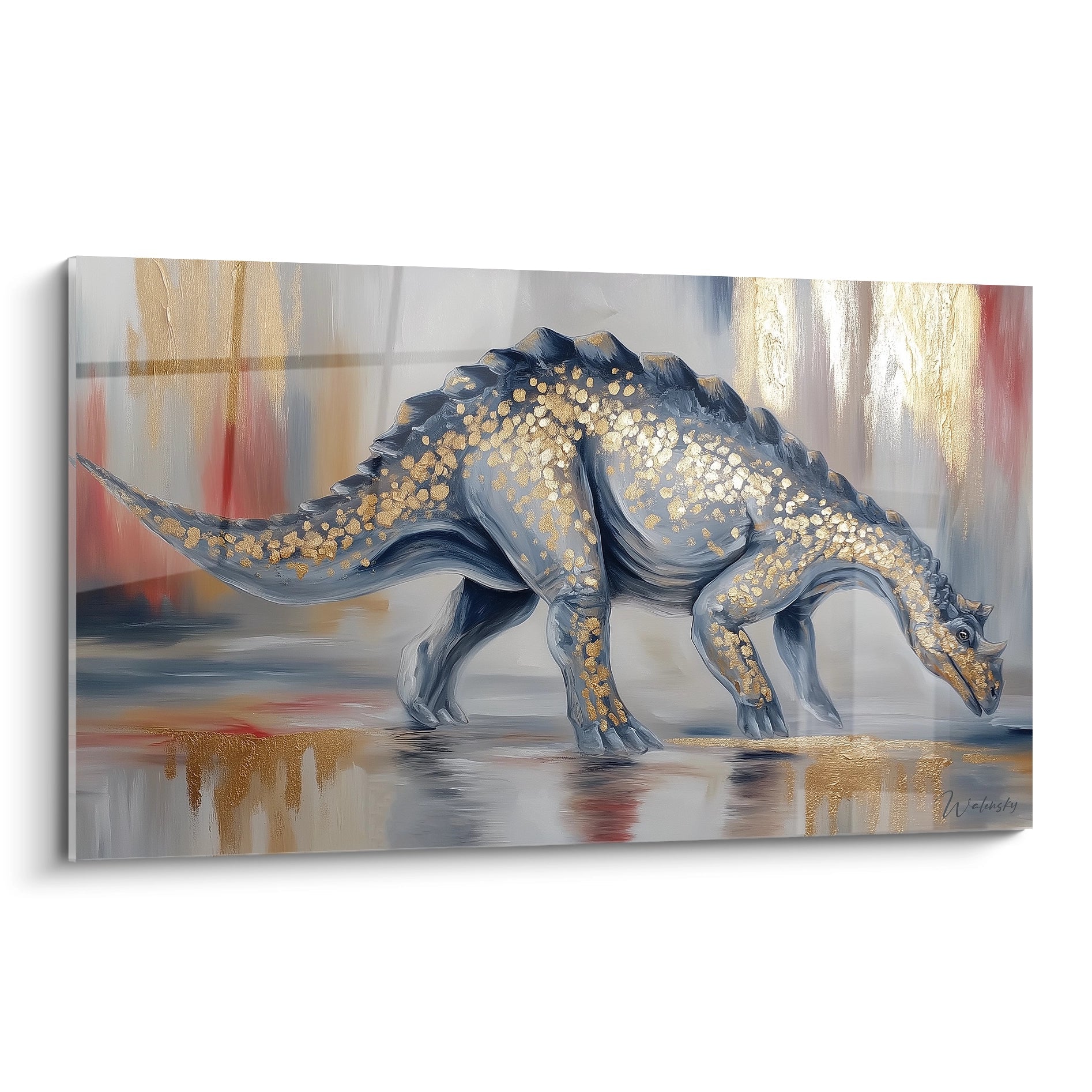 Tableau mural dinosaure Scutosaurus blindé aux écailles dorées sur fond abstrait coloré
