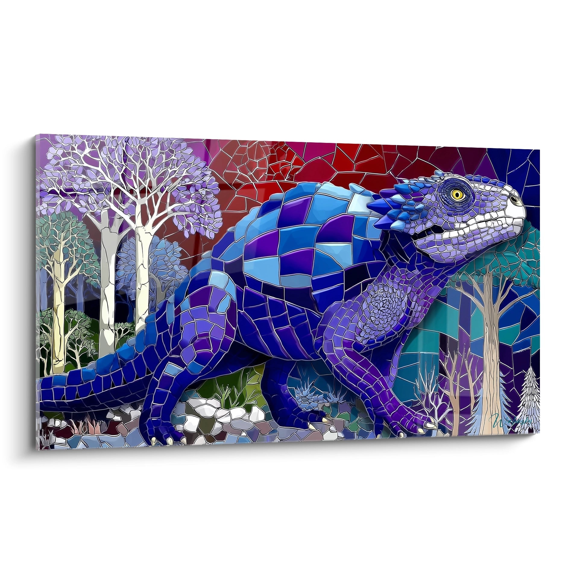 Tableau mural dinosaure Scutosaurus en mosaïque bleue et violette dans paysage géométrique coloré