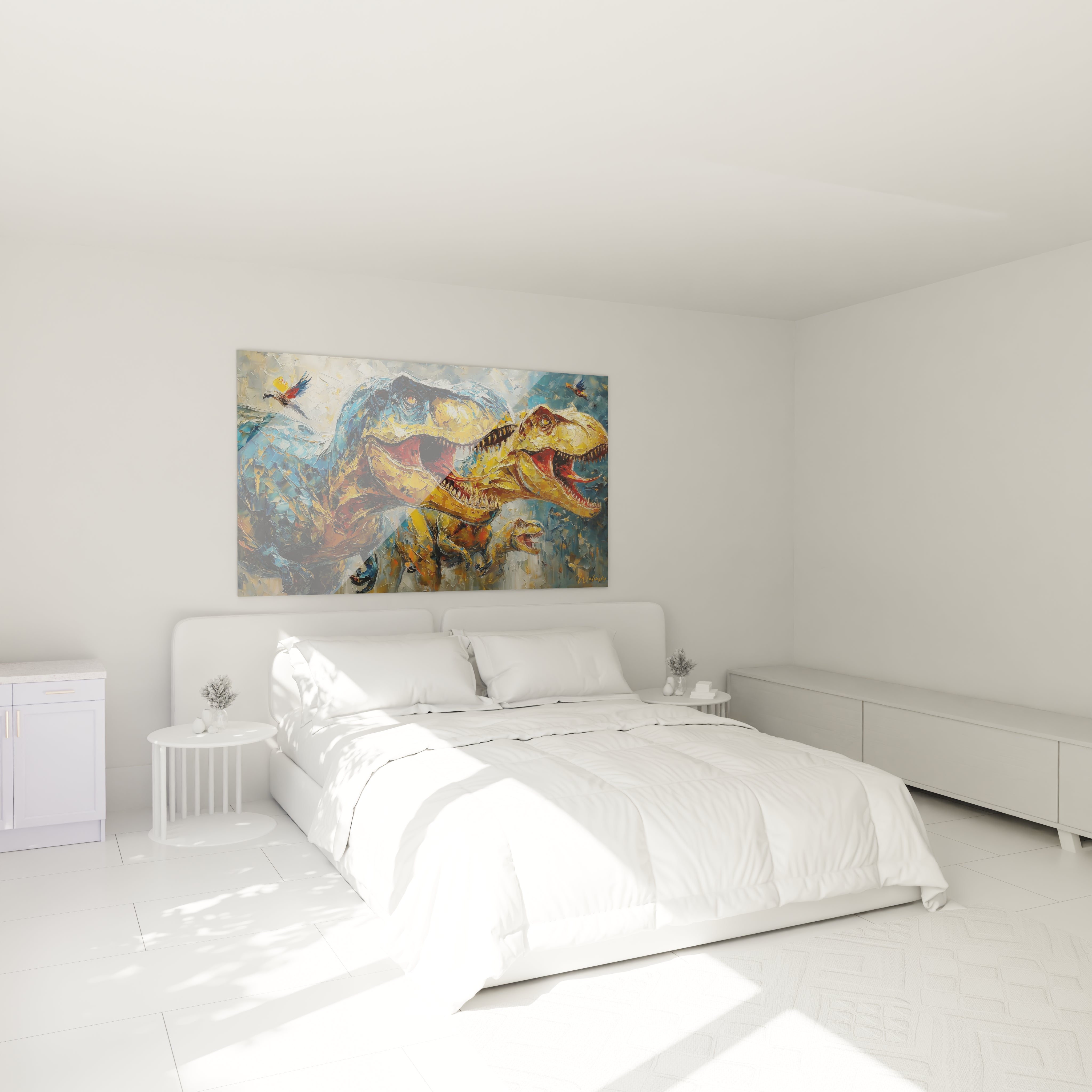 Tableau dinosaure T-Rex famille dans chambre, décoration murale art préhistorique ambiance