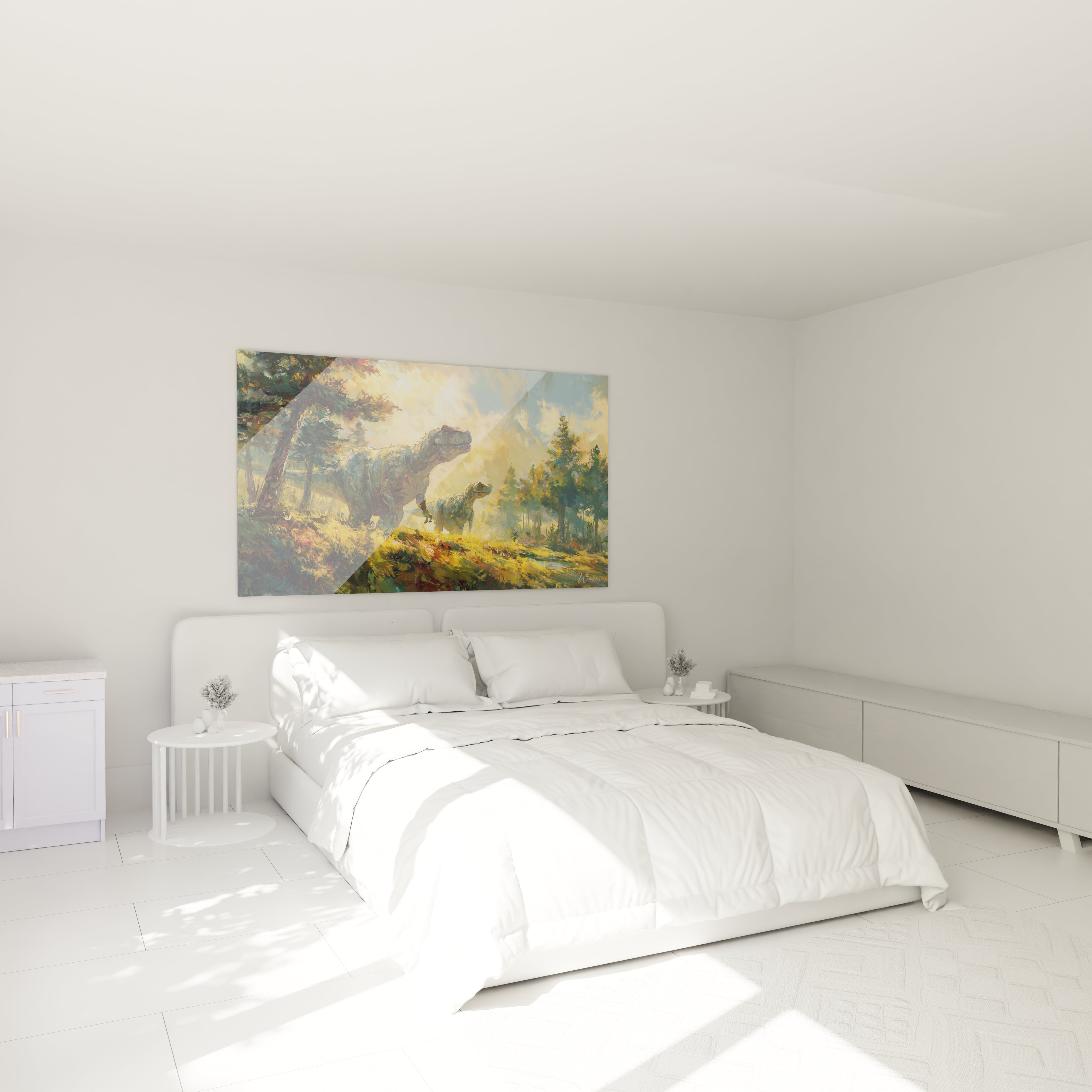 Décoration chambre avec tableau dinosaure T-Rex, ambiance forêt préhistorique sur mur