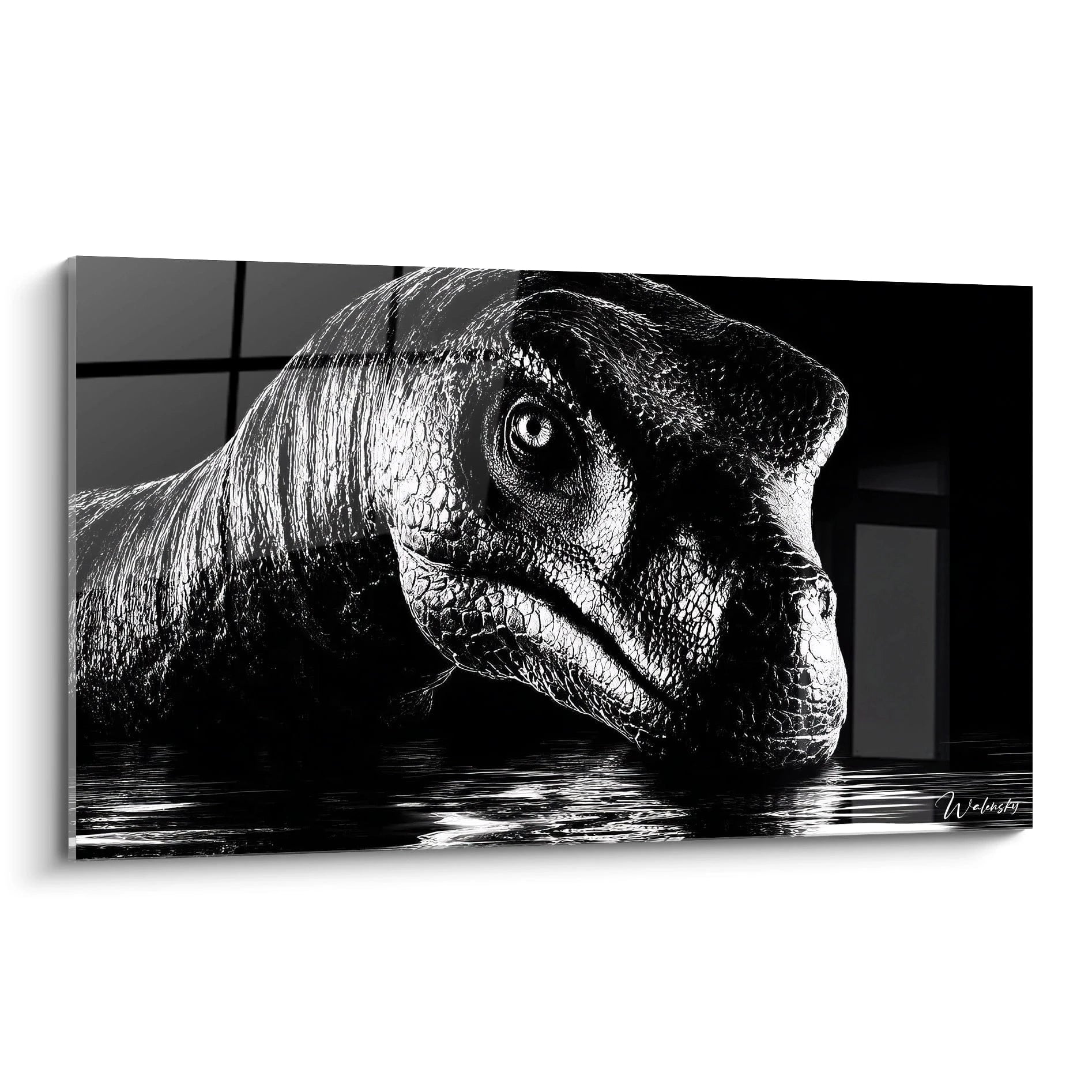 Tableau mural dinosaure théropode noir et blanc émergeant des eaux sombres, édition Mokele-mbembe