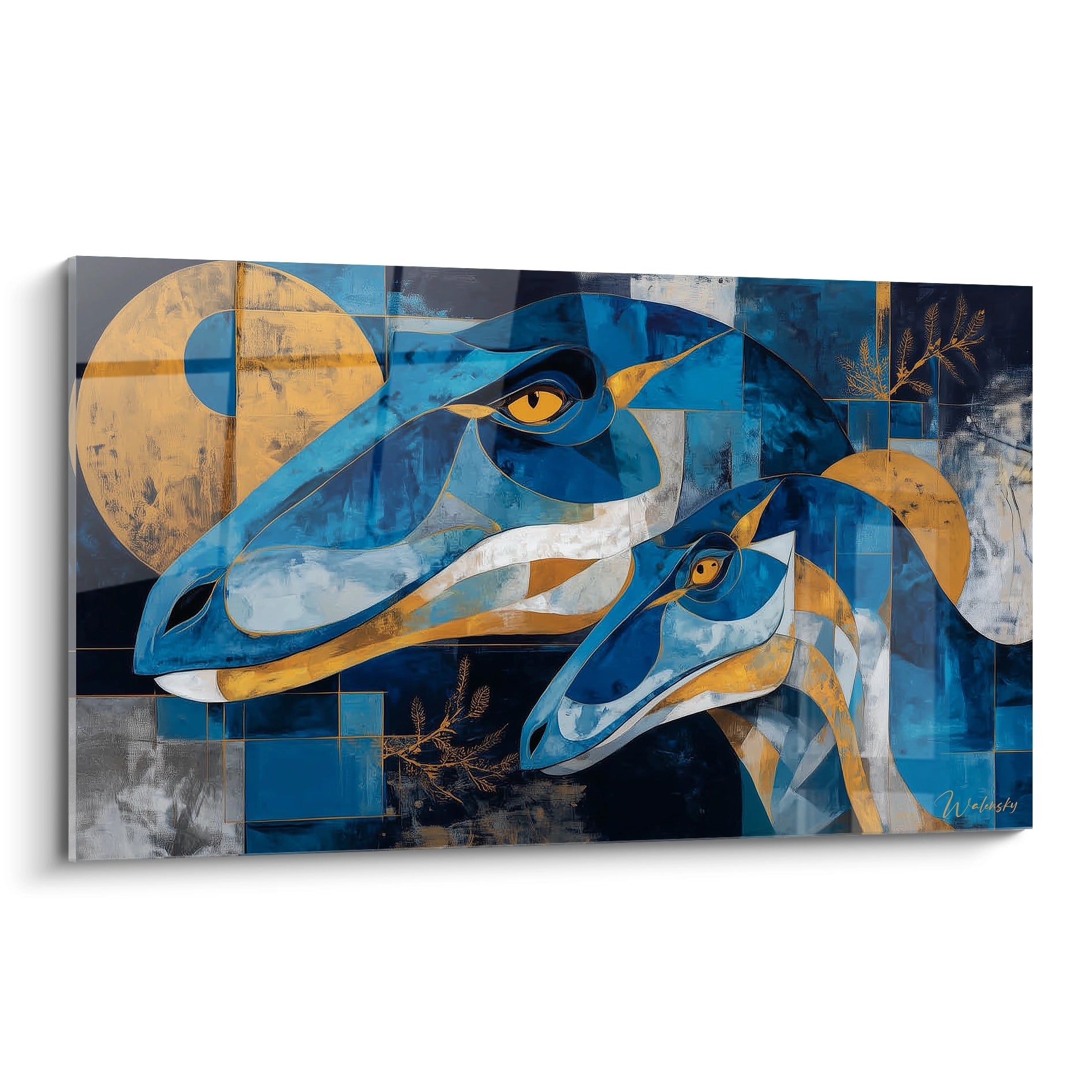 Tableau mural dinosaures abstraits géométriques bleu orange style cubiste moderne