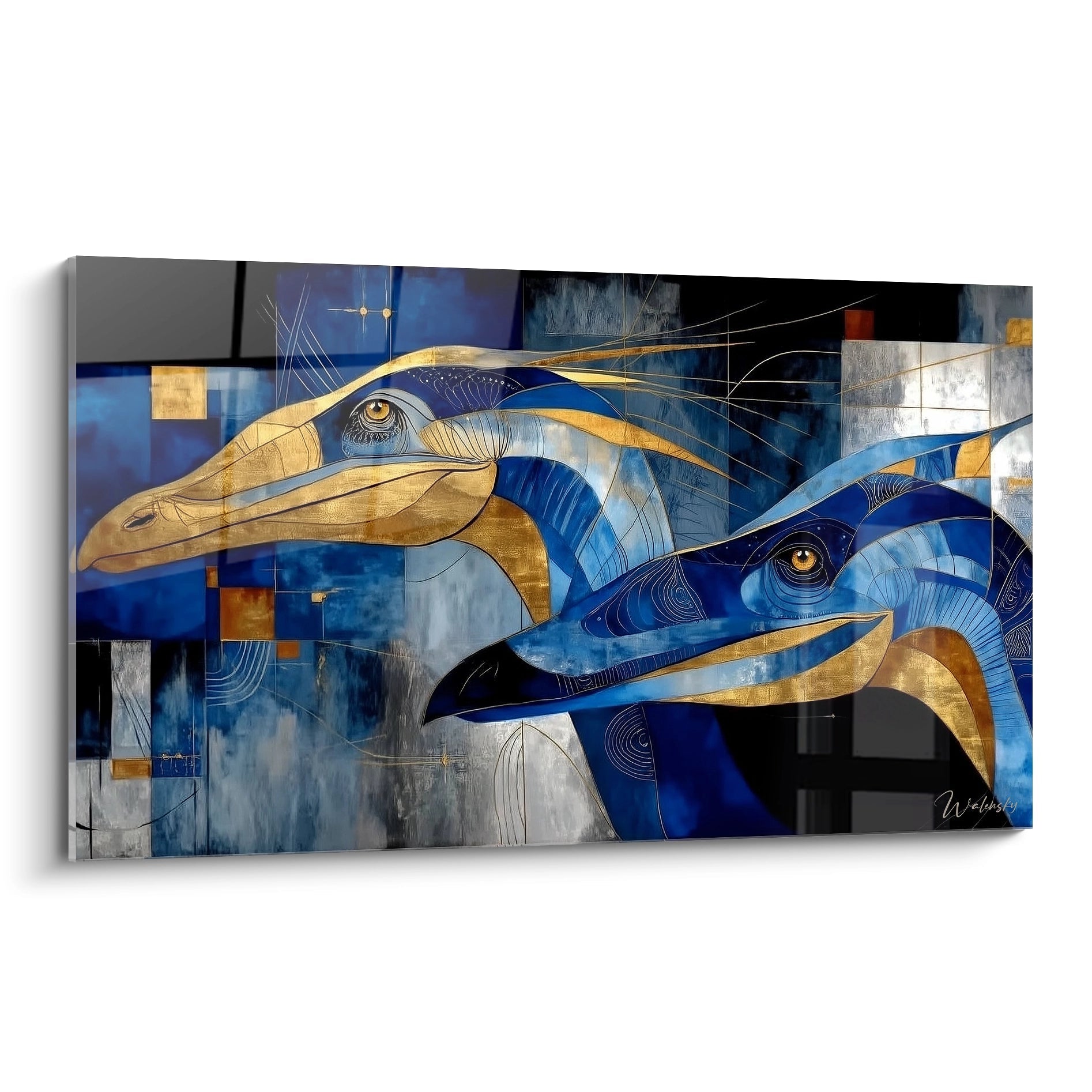 Tableau mural dinosaures marins stylisés bleu et or art moderne décoration préhistoire contemporaine