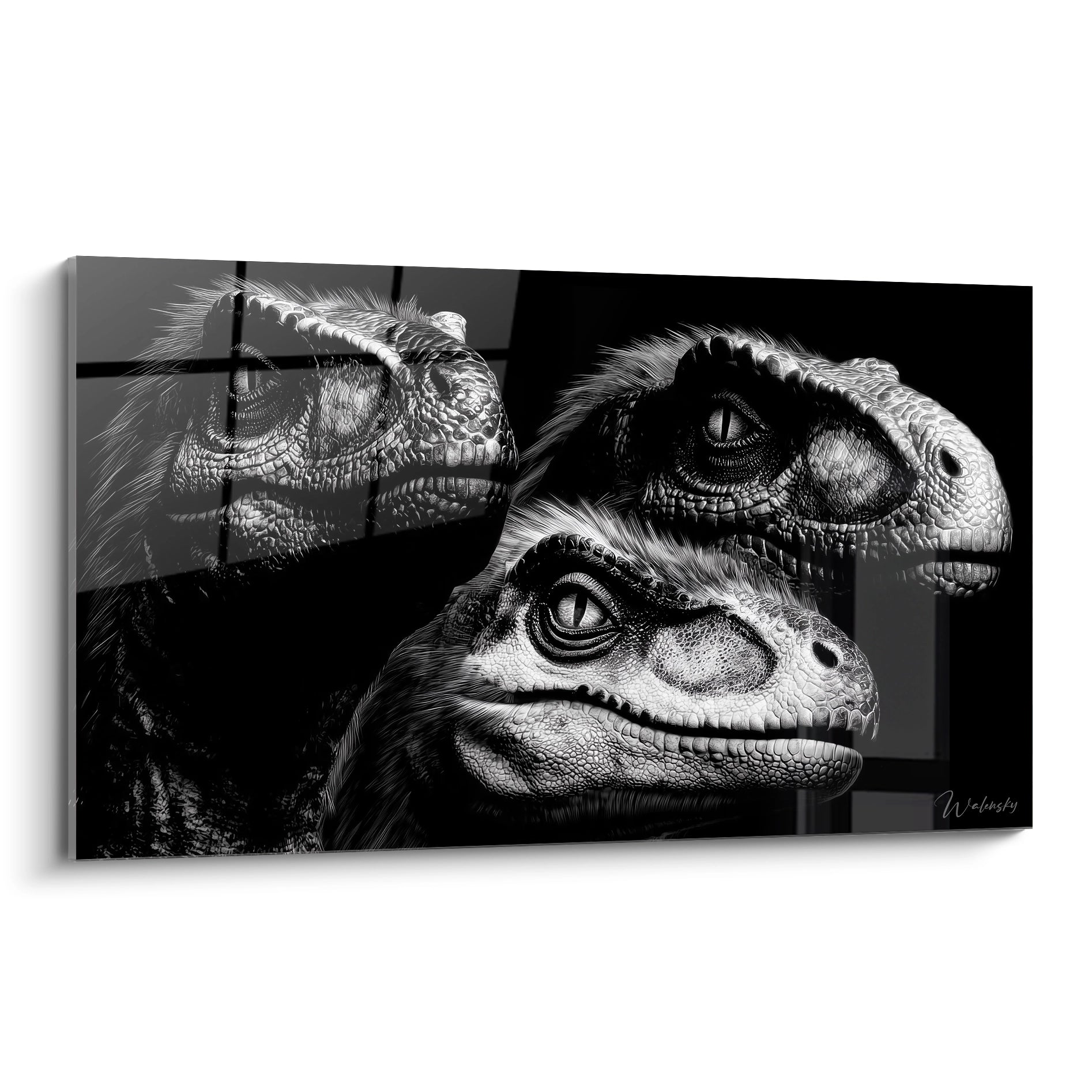 Tableau mural trois dinosaures rapaces noir et blanc art préhistorique détaillé