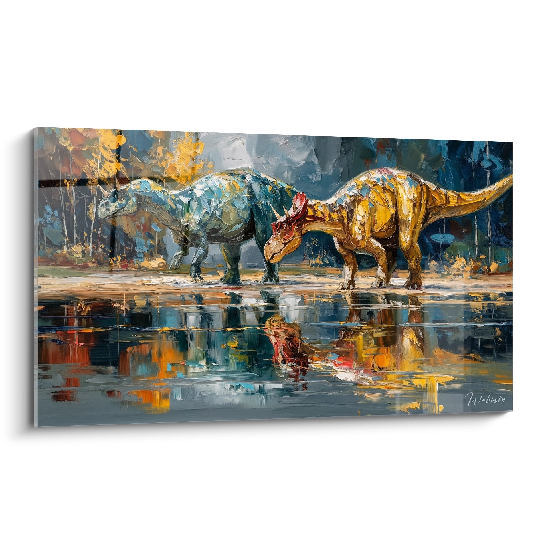 Tableau mural dinosaures au bord de l'eau avec reflets colorés, Tricératops doré et dinosaure bleu