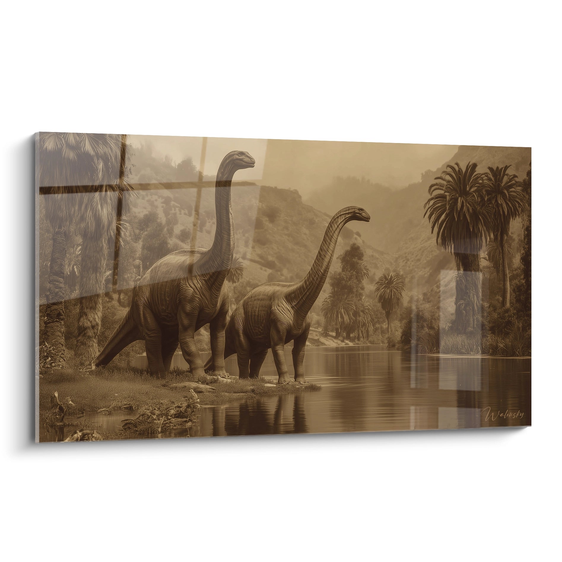 Tableau mural dinosaures sauropodes au bord de l'eau dans ambiance sépia dorée préhistorique