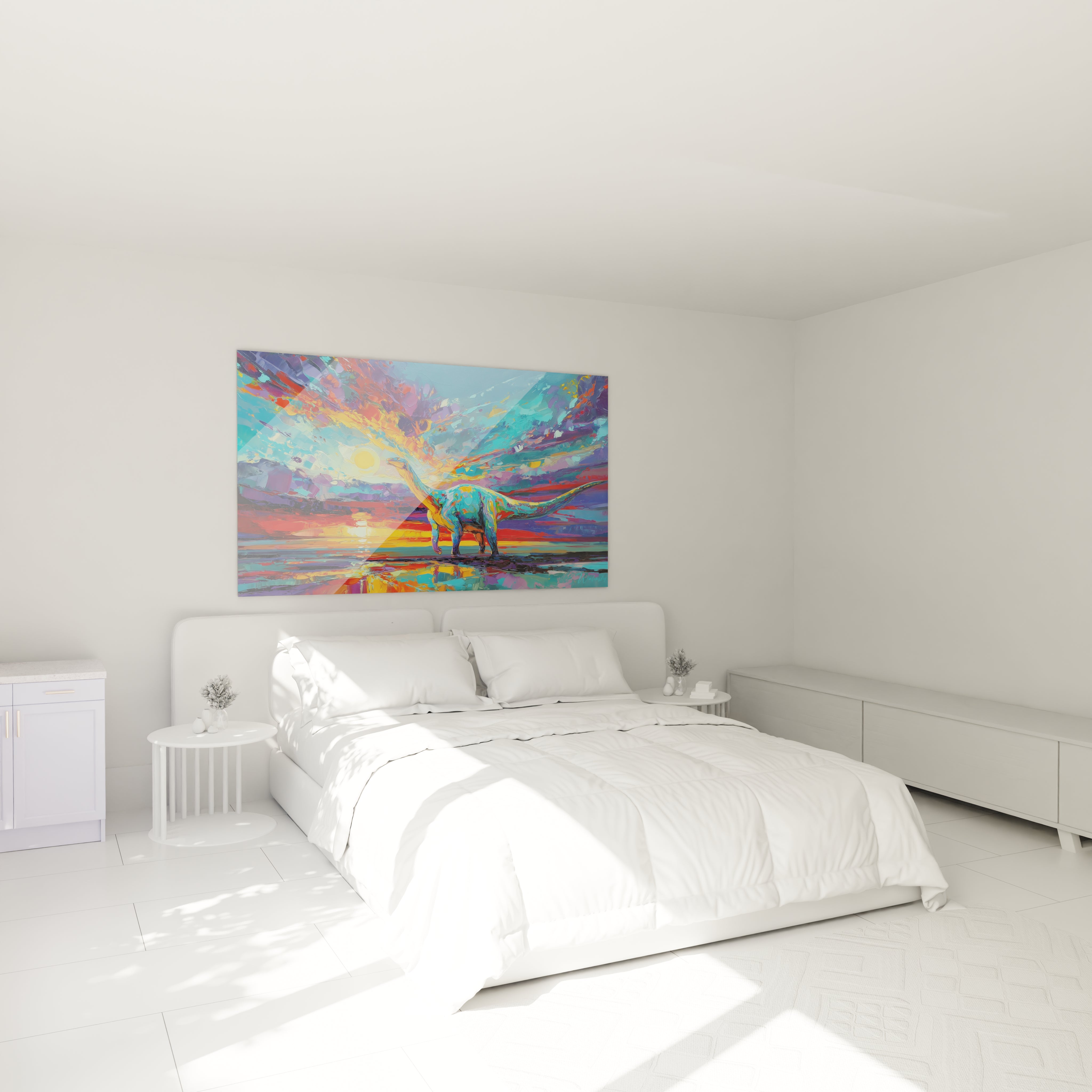 Ambiance chambre avec tableau diplodocus coloré art mural dinosaure décoration intérieure