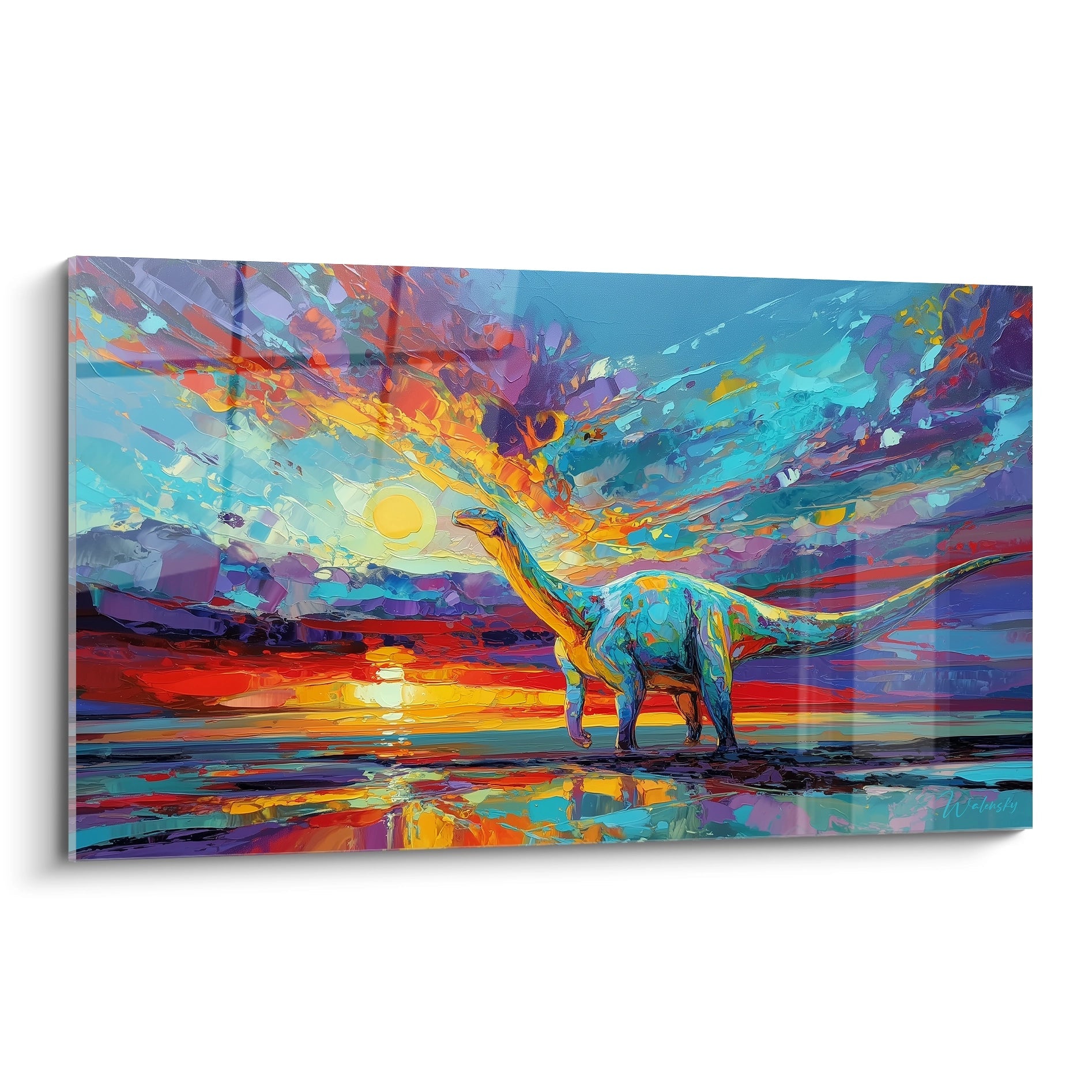 Tableau mural diplodocus coucher soleil couleurs vives art dinosaure moderne décoration