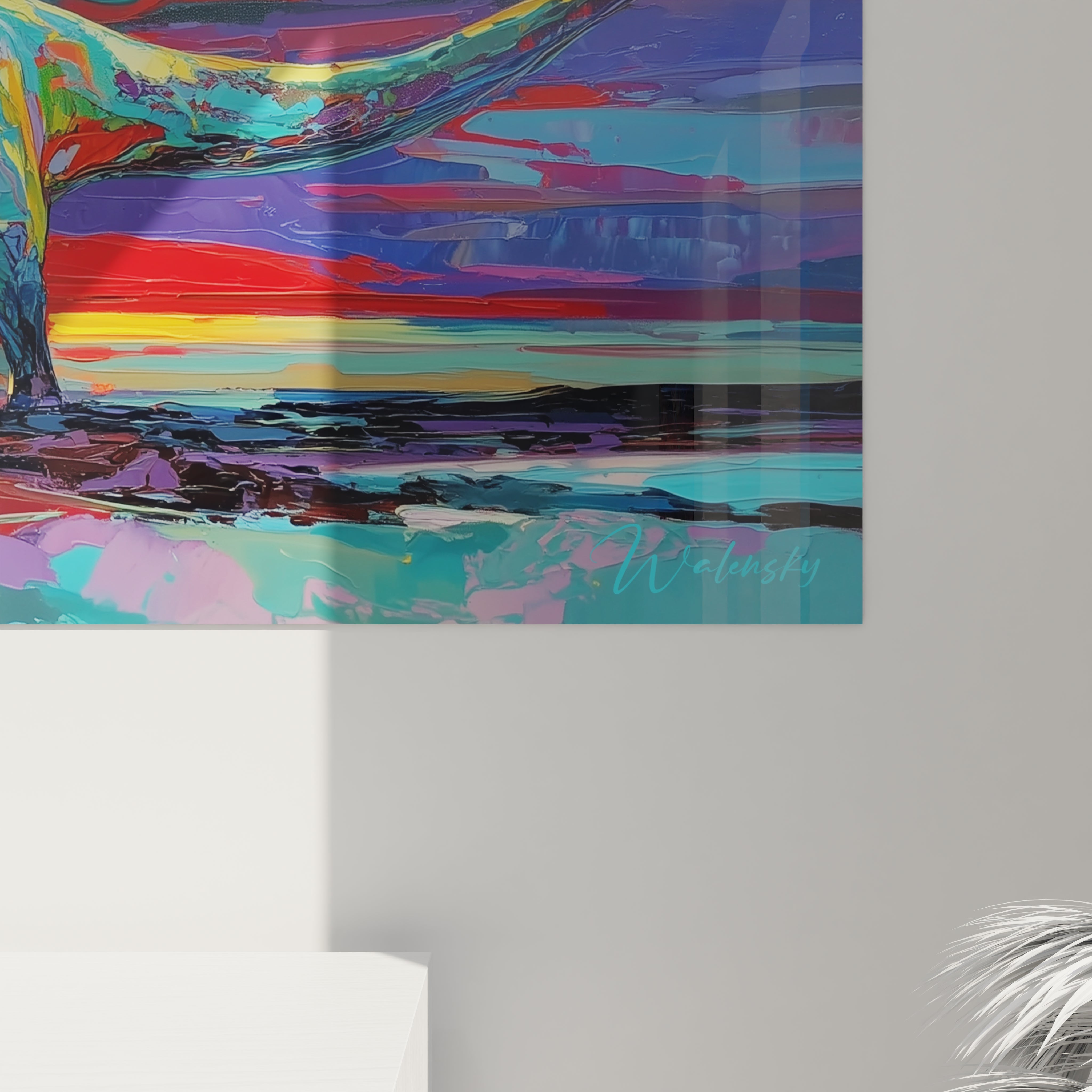 Vue ensemble tableau diplodocus coucher soleil art mural dinosaure décoration moderne