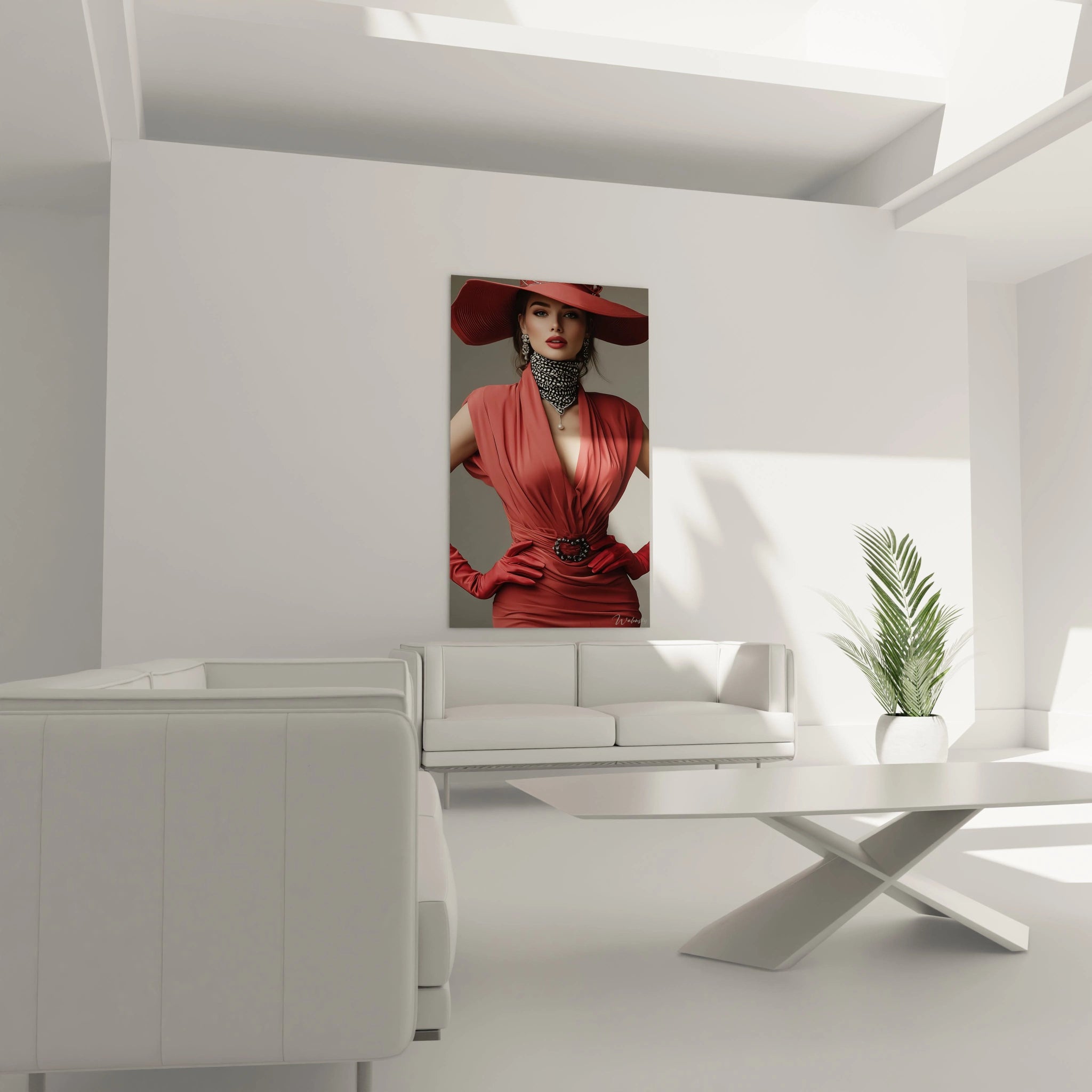 Tableau moderne femme élégante en robe rouge avec chapeau, décorant un intérieur moderne