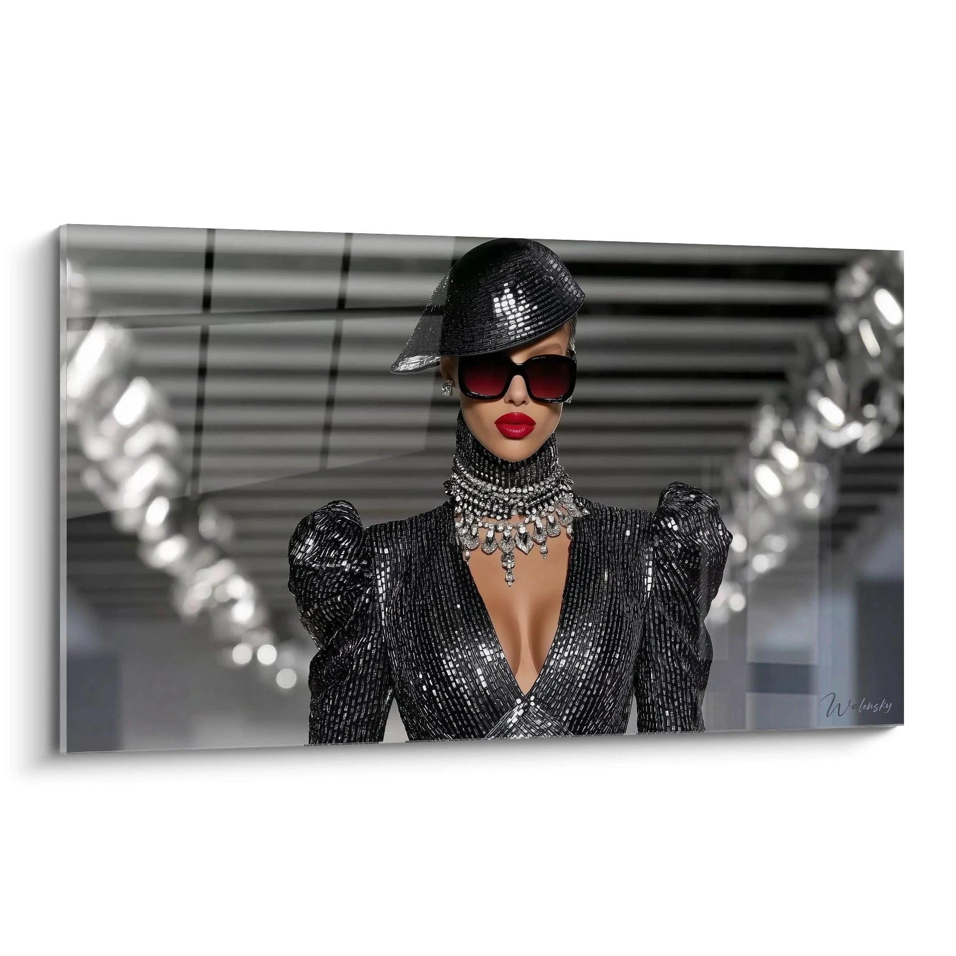 Tableau mural diva moderne avec femme élégante en tenue brillante et lunettes de soleil stylées