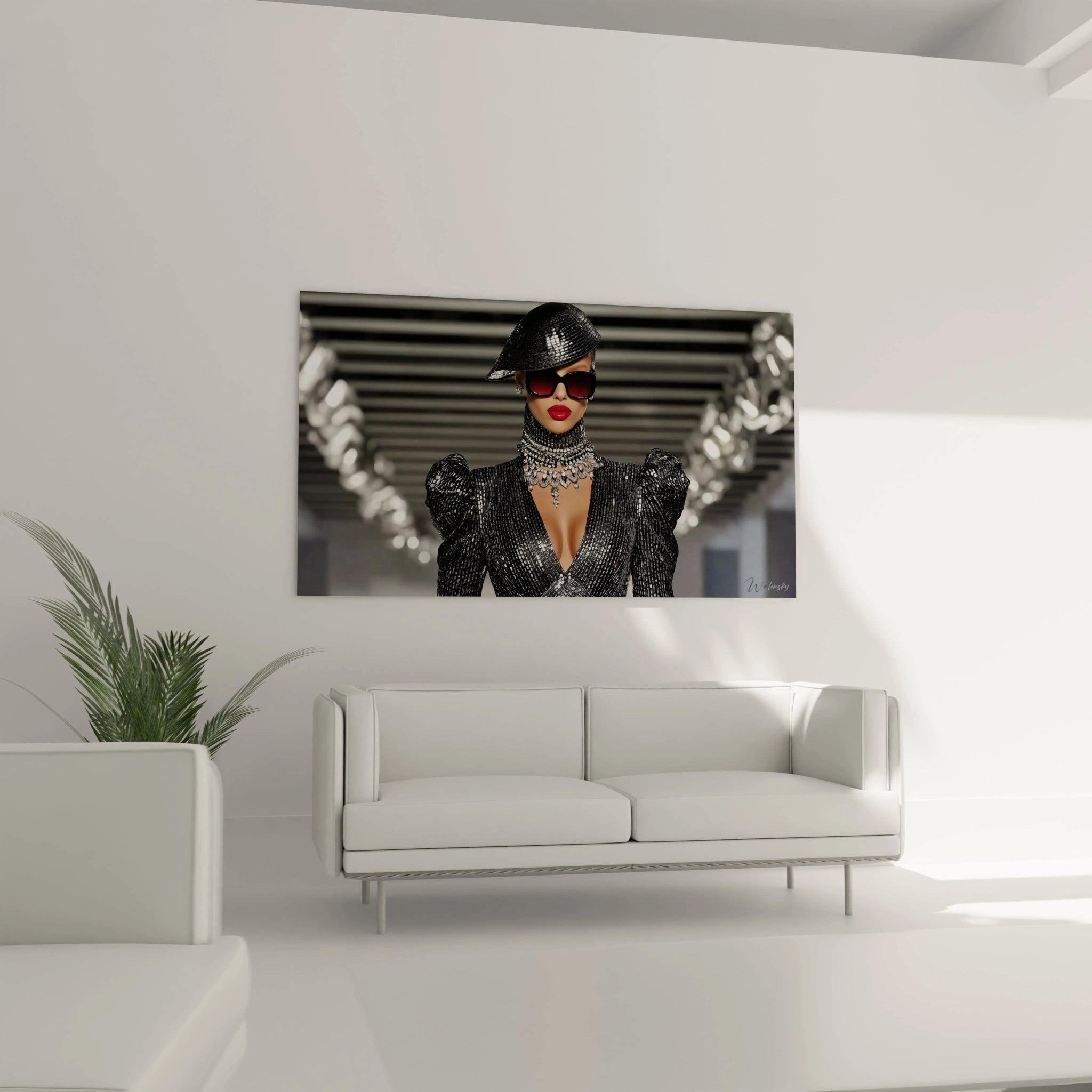 Tableau mural diva moderne en noir et argent, ajoutant une touche élégante à votre décoration intérieure
