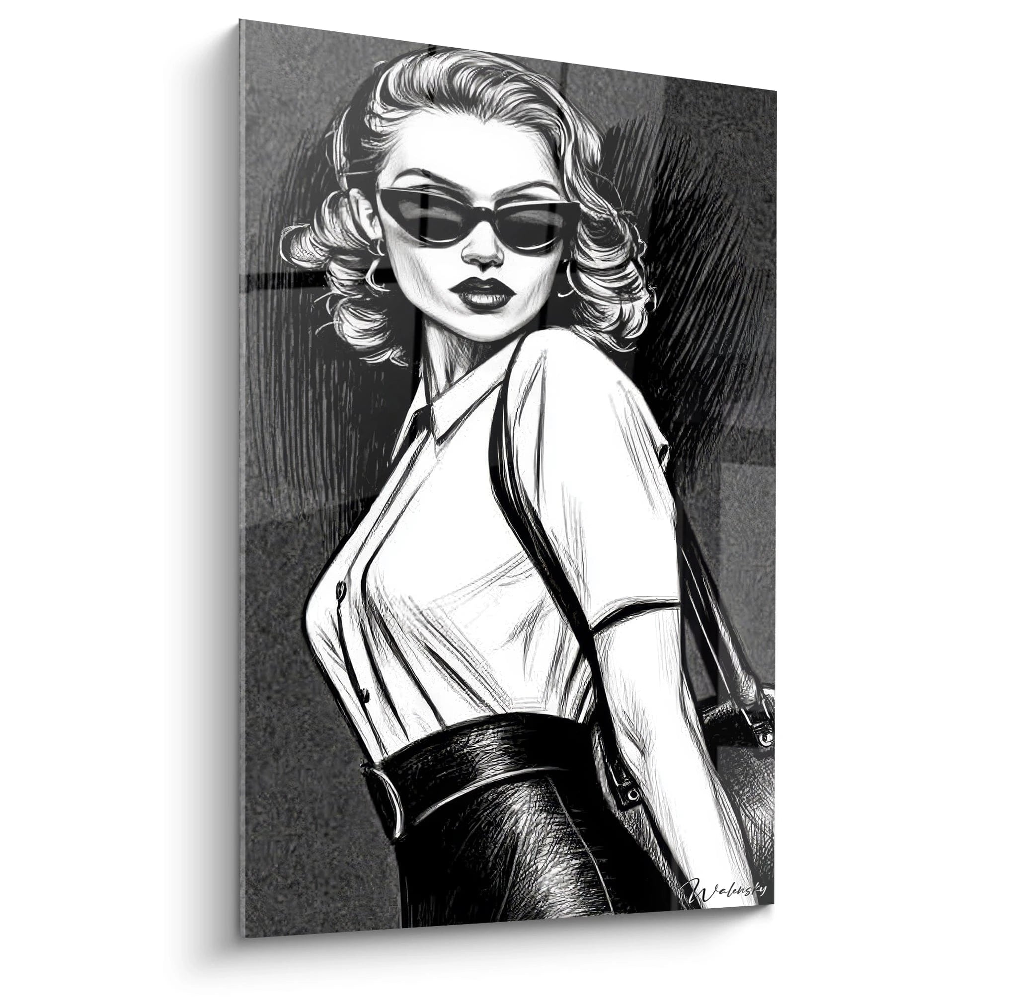 Tableau mural diva vintage en noir et blanc avec une femme élégante portant des lunettes de soleil