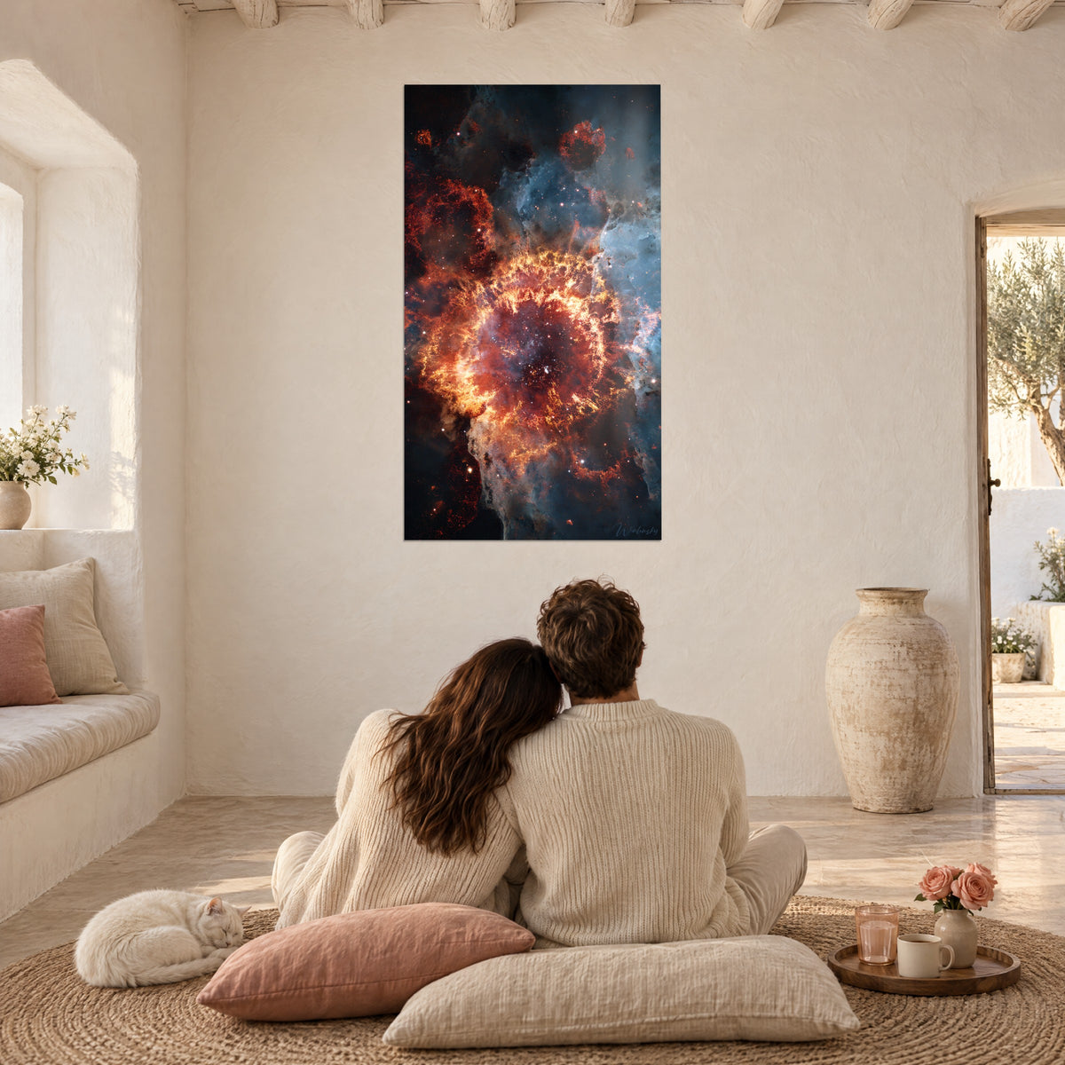 Tableau nuage cosmique écarlate et bleu ardoise, couple enlacé de dos sur des coussins roses, un chat à côté