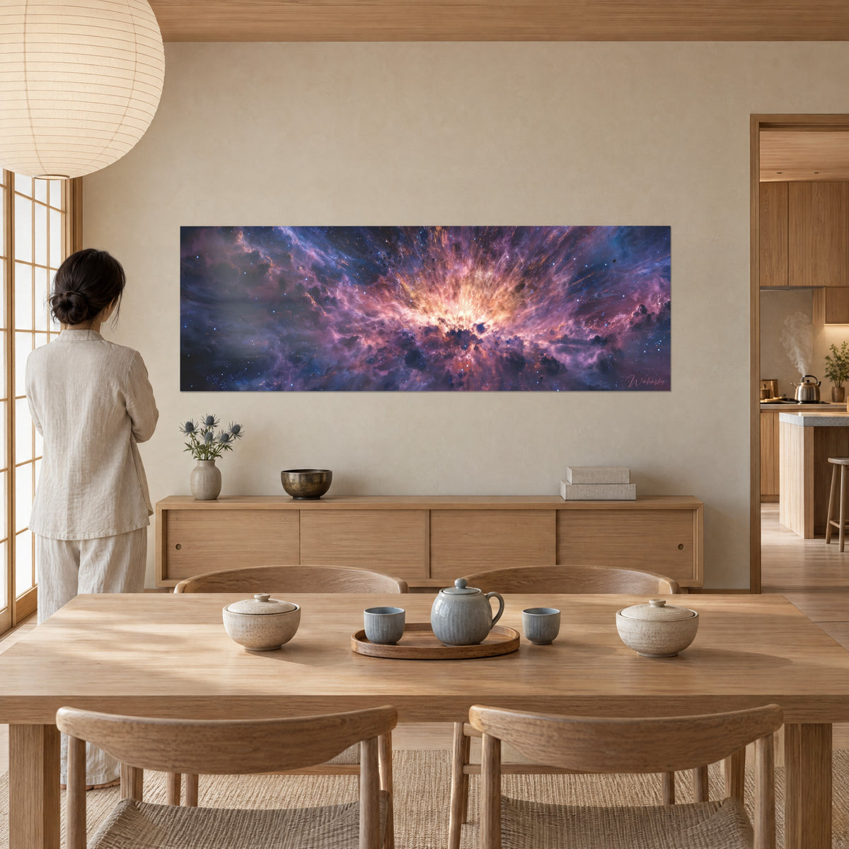 Wall art erupting galaxy, pink and copper filaments on an indigo background, in front of a woman seen from behind in a japandi dining room