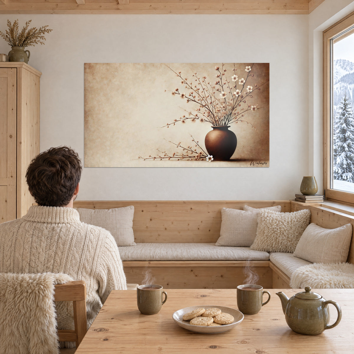 Gemälde Kupferfarbene Krug und Pflaumenzweige mit Knospen auf beigem Hintergrund, Mann im cremefarbenen Pullover von hinten, holzvertäfelte Ecke mit Teekanne und Keksen