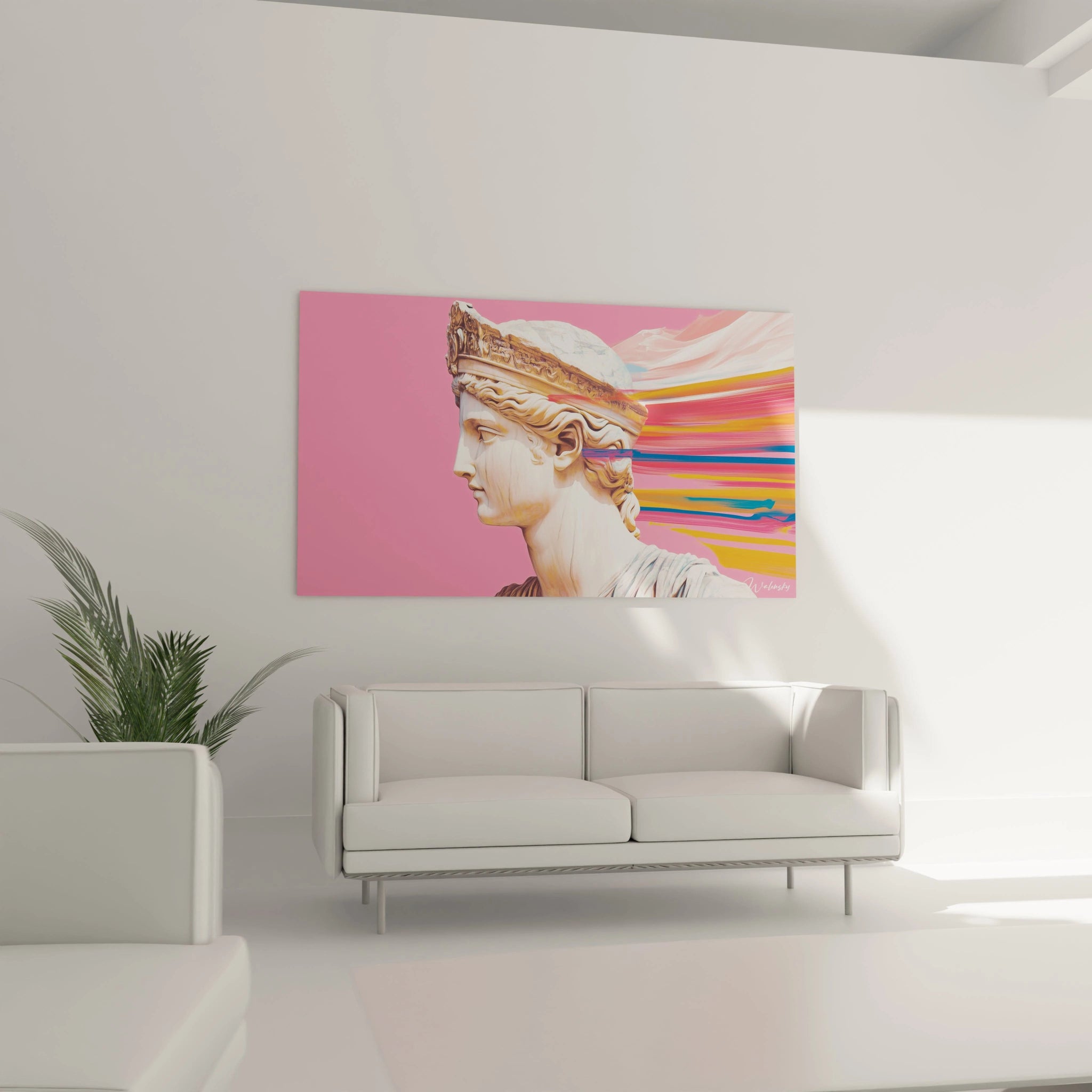 Un tableau peinture contemporaine abstrait montrant une sculpture classique en profil sur un fond rose texturé, avec des ajouts abstraits aux teintes orange et bleu éclatant.