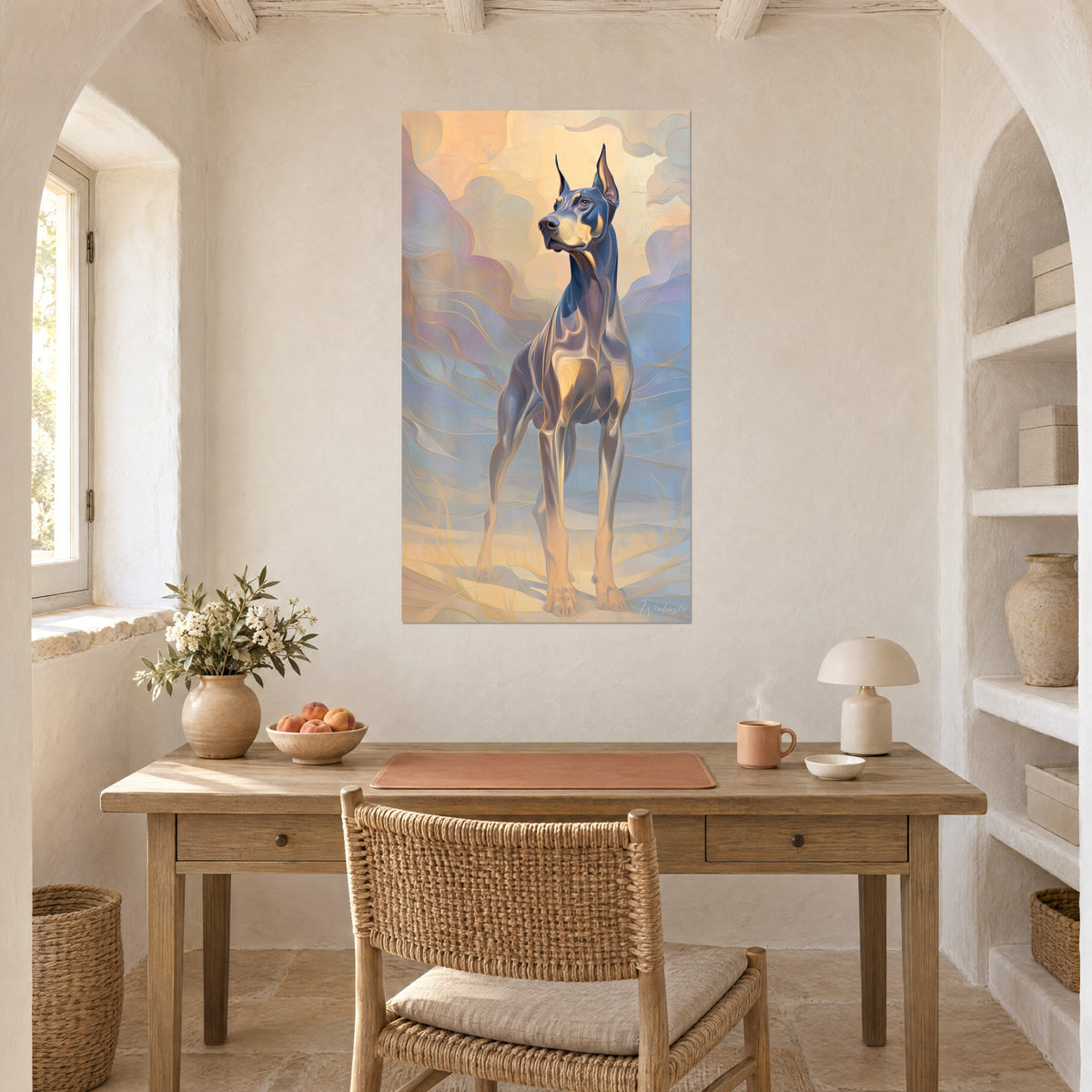 Schilderij portret van een rashond, blauwgrijs lichaam geaderd met goud, perzik- en lavendelkleurige achtergrond, witte muur van een houten bureau naast een nis