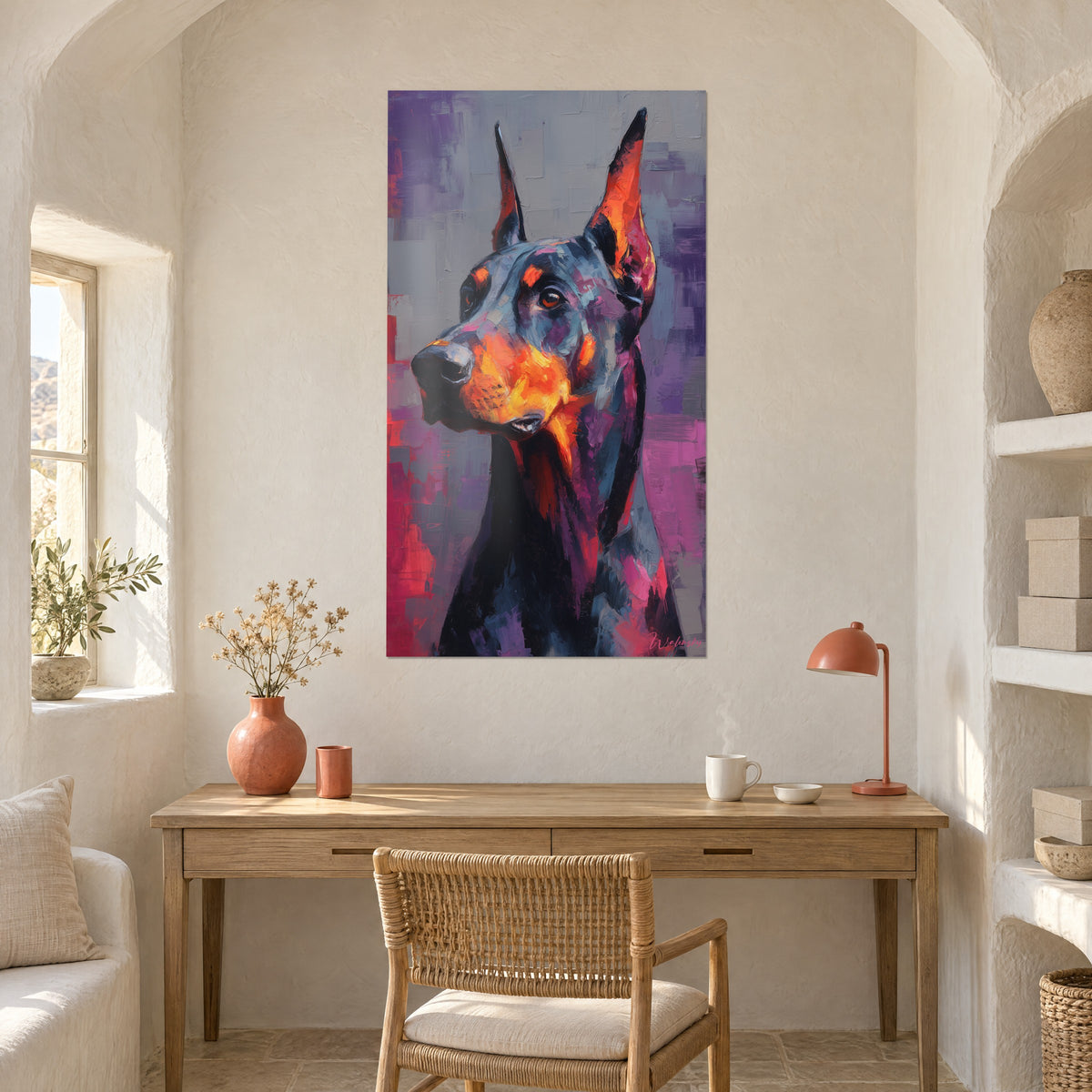Cuadro pinscher negro con llamas naranja vivo sobre fondo lila y rosa, colgado sobre un escritorio de madera clara, ambiente mediterráneo