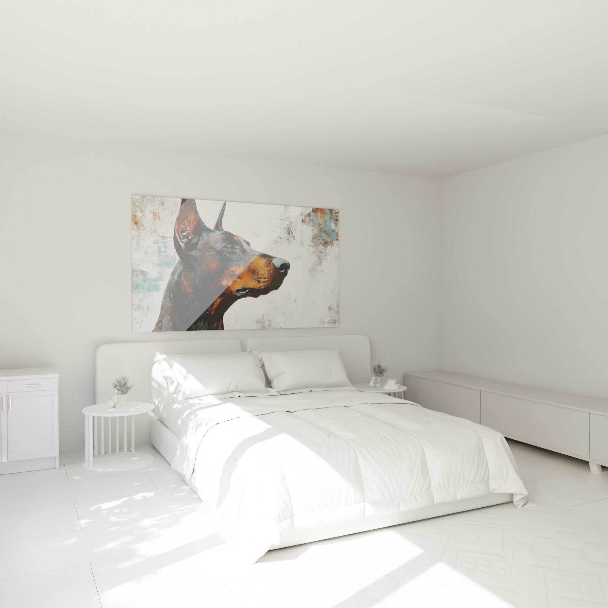 Tableau doberman portrait chambre decoration murale tons ocre bleu ambiance moderne elegante