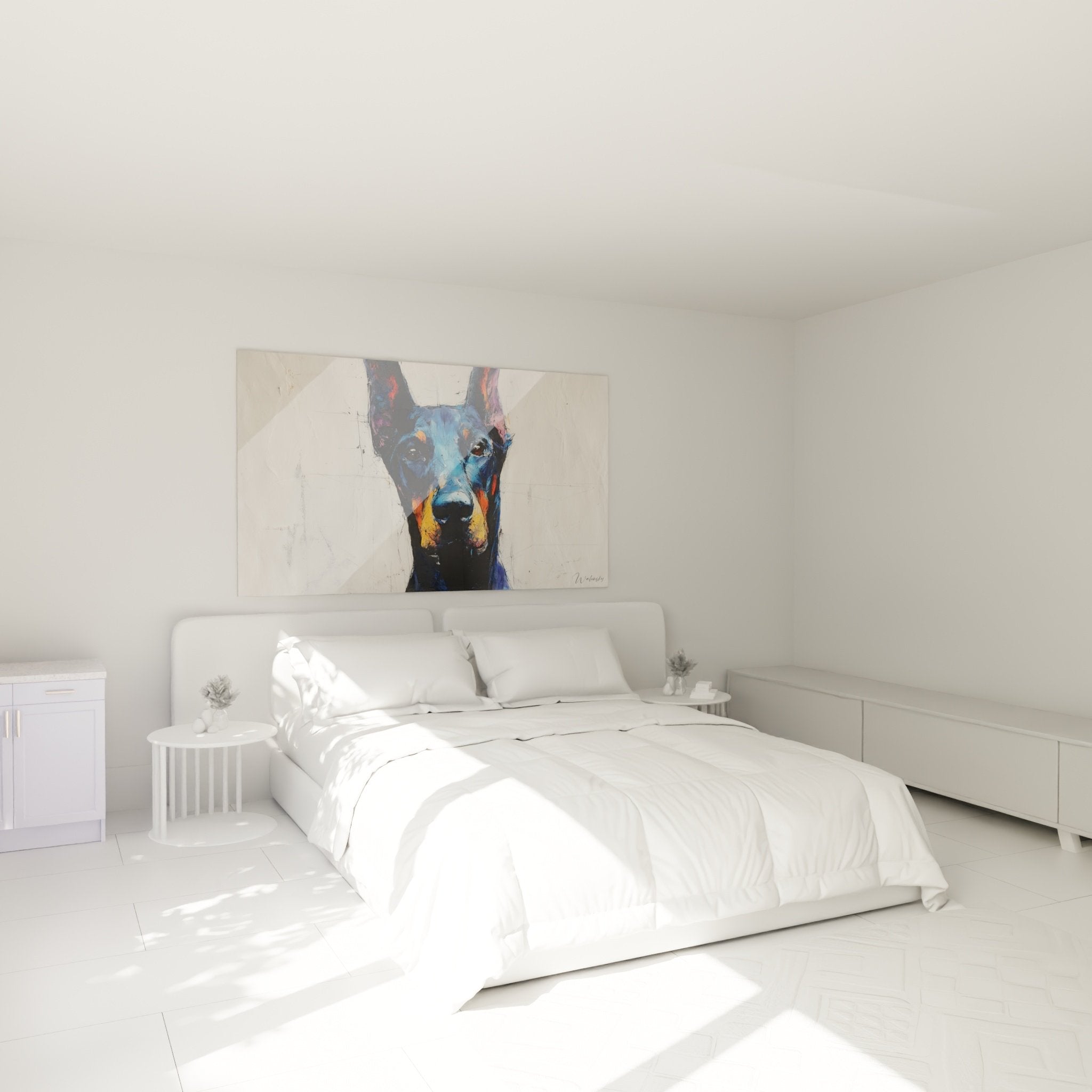 Tableau Doberman bleu orange décorant chambre moderne mur blanc ambiance contemporaine élégante