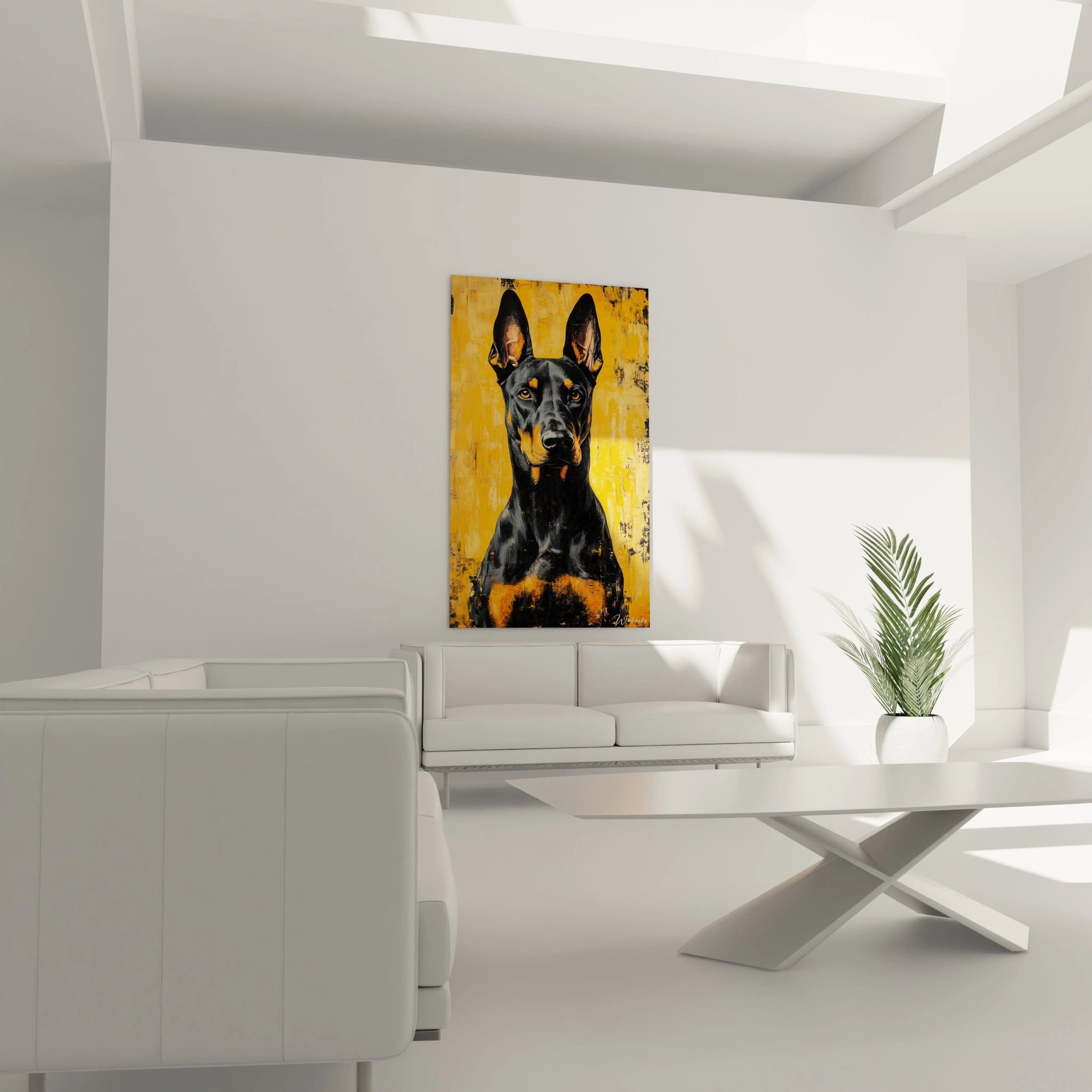 Un tableau Doberman expressif capturant un portrait noble de cette race canine. Le pelage noir brillant et les marques feu caractéristiques se détachent sur un arrière-plan orangé texturé. Les oreilles pointues et le regard direct créent une présence imposante.