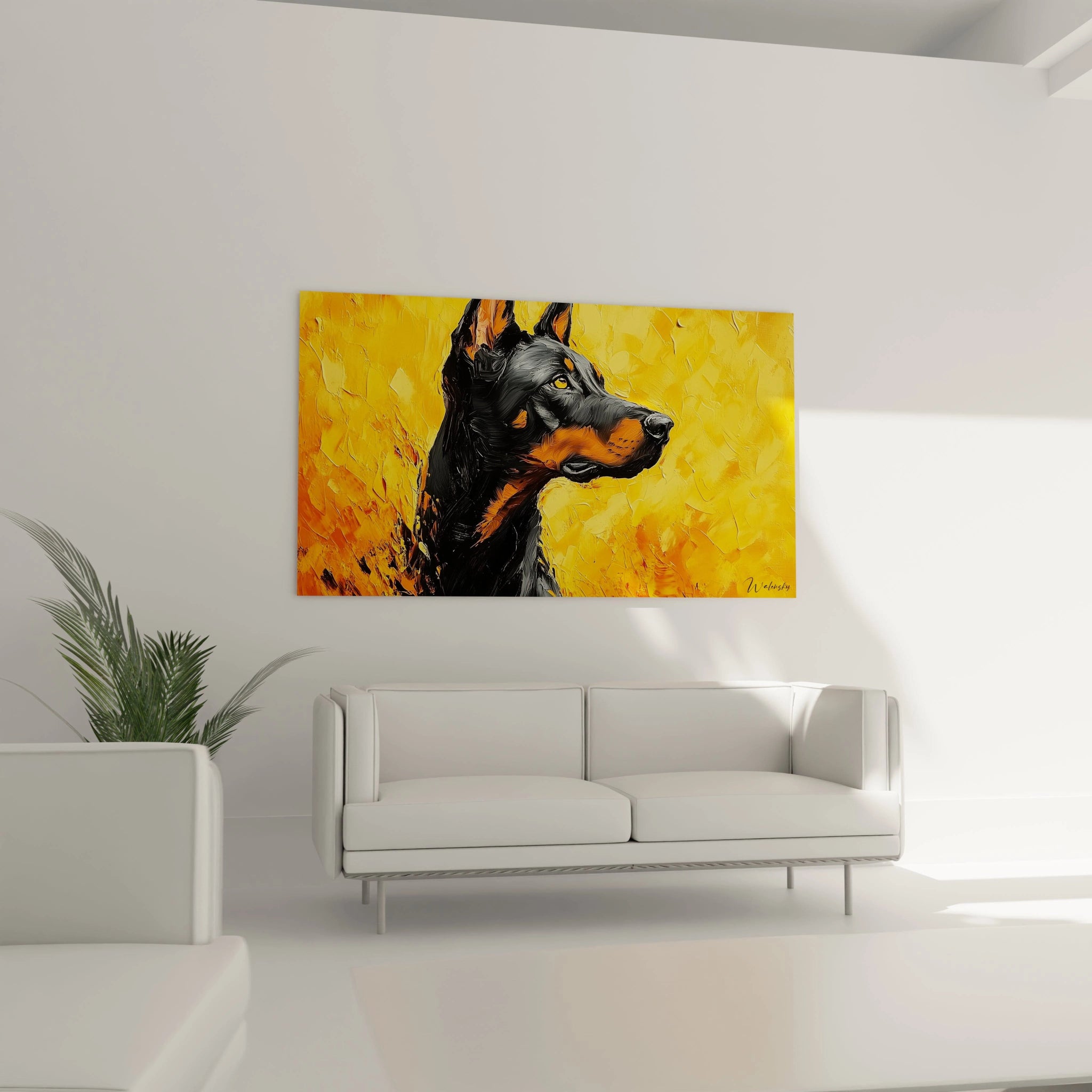 Un tableau Doberman de profil sur fond jaune doré texturé à la spatule. Le chien noir aux marques orangées fixe l'horizon avec intensité, pelage brillant contrastant avec les reliefs de l'arrière-plan.