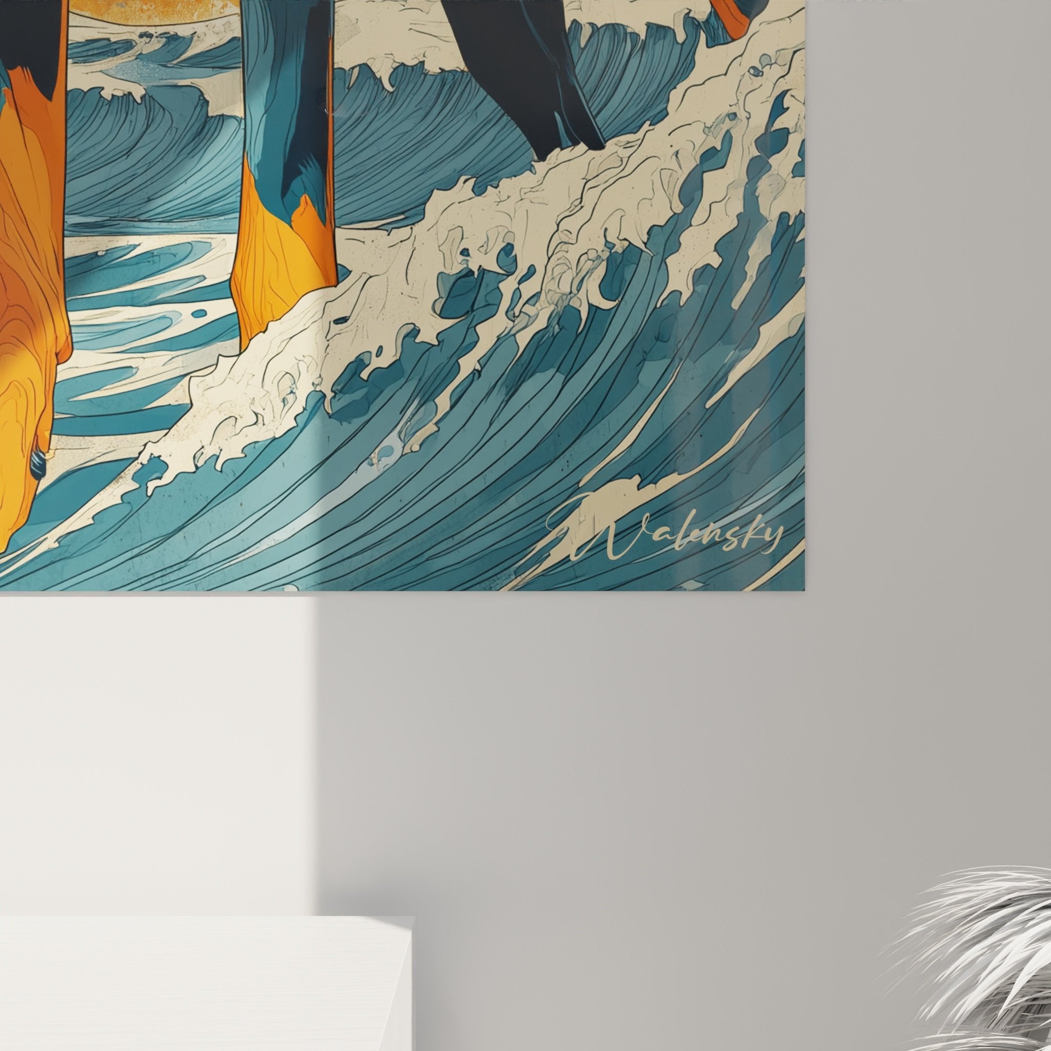 Vue ensemble tableau doberman vagues japonaises ciel orange decoration interieur moderne