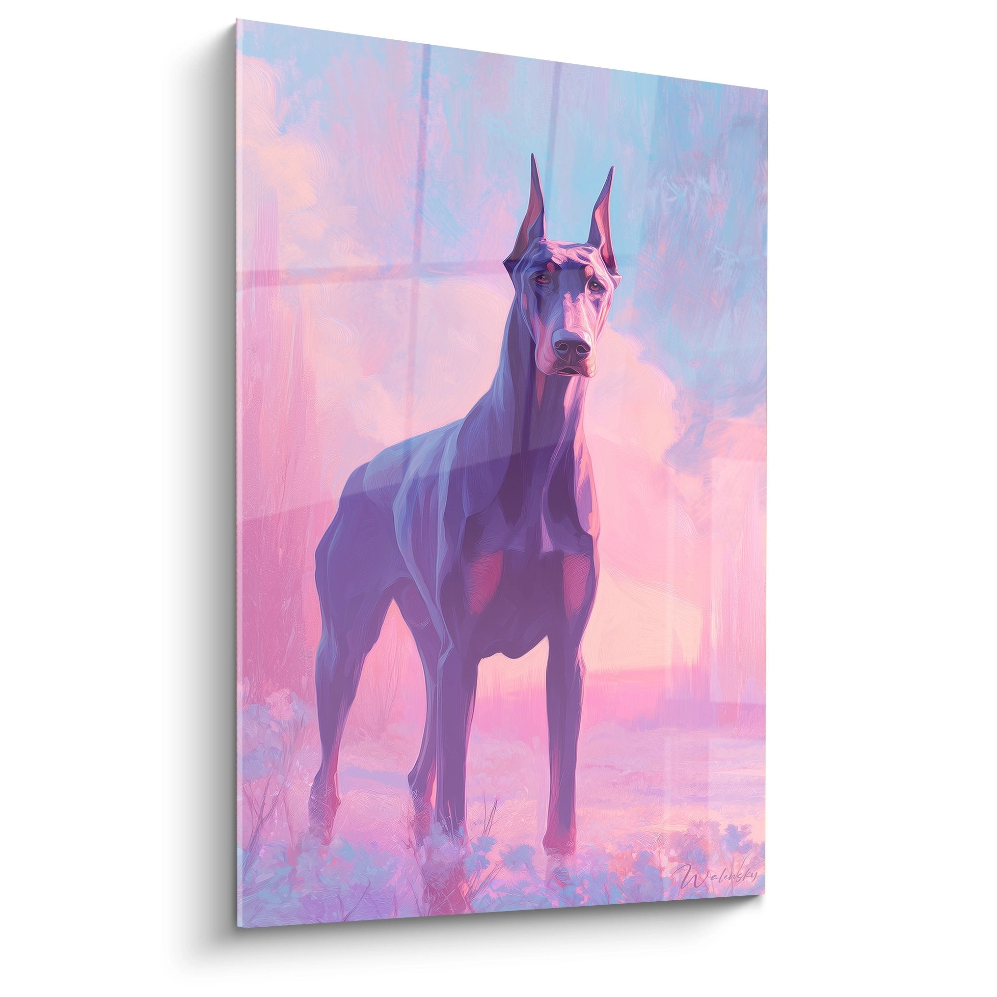 Tableau artistique de Doberman aux tons violets et roses, style géométrique moderne sur fond dégradé pastel