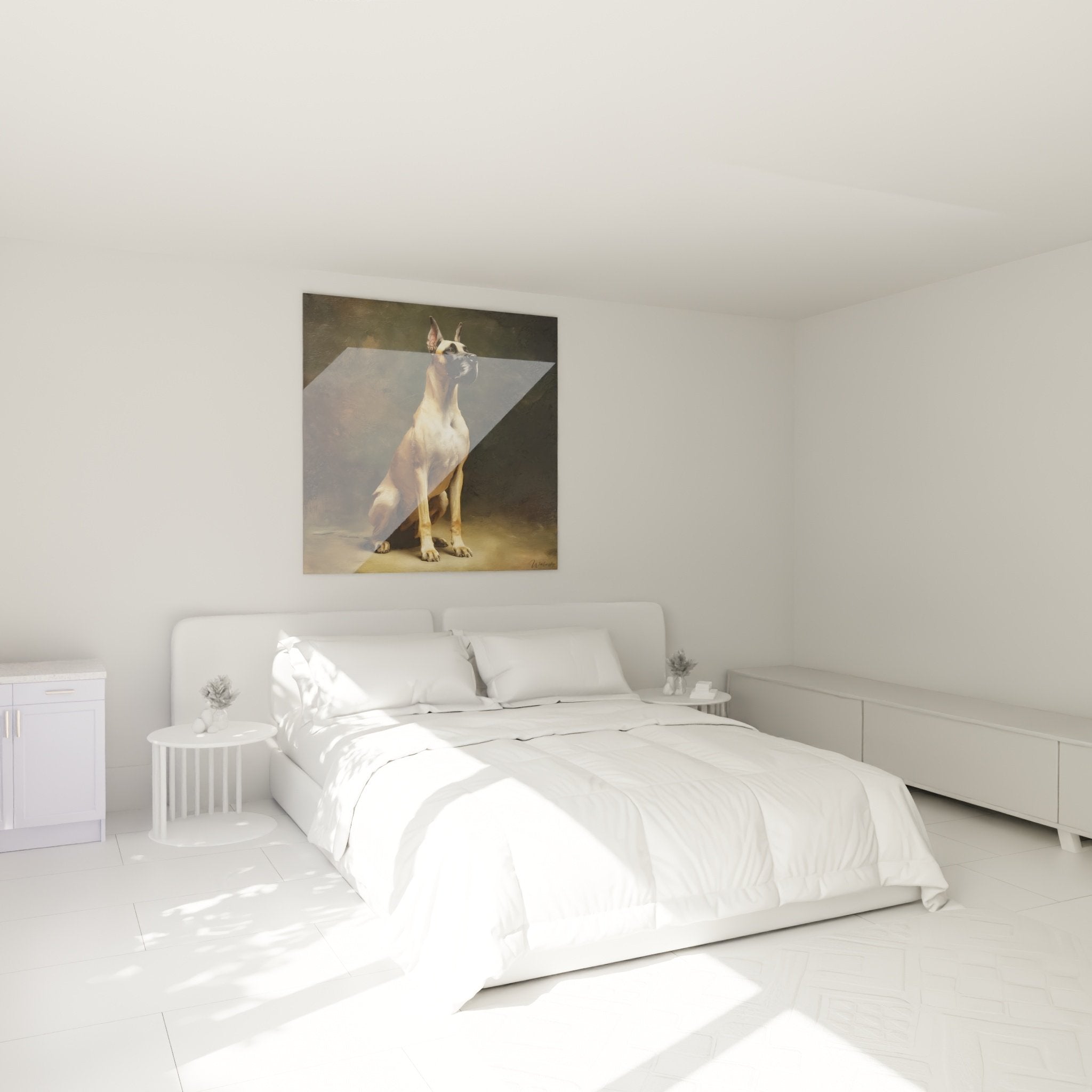 Deutsche Dogge Porträt elegantes Gemälde Schlafzimmer Wanddekoration warme Töne Ocker Beige beruhigende verfeinerte Atmosphäre