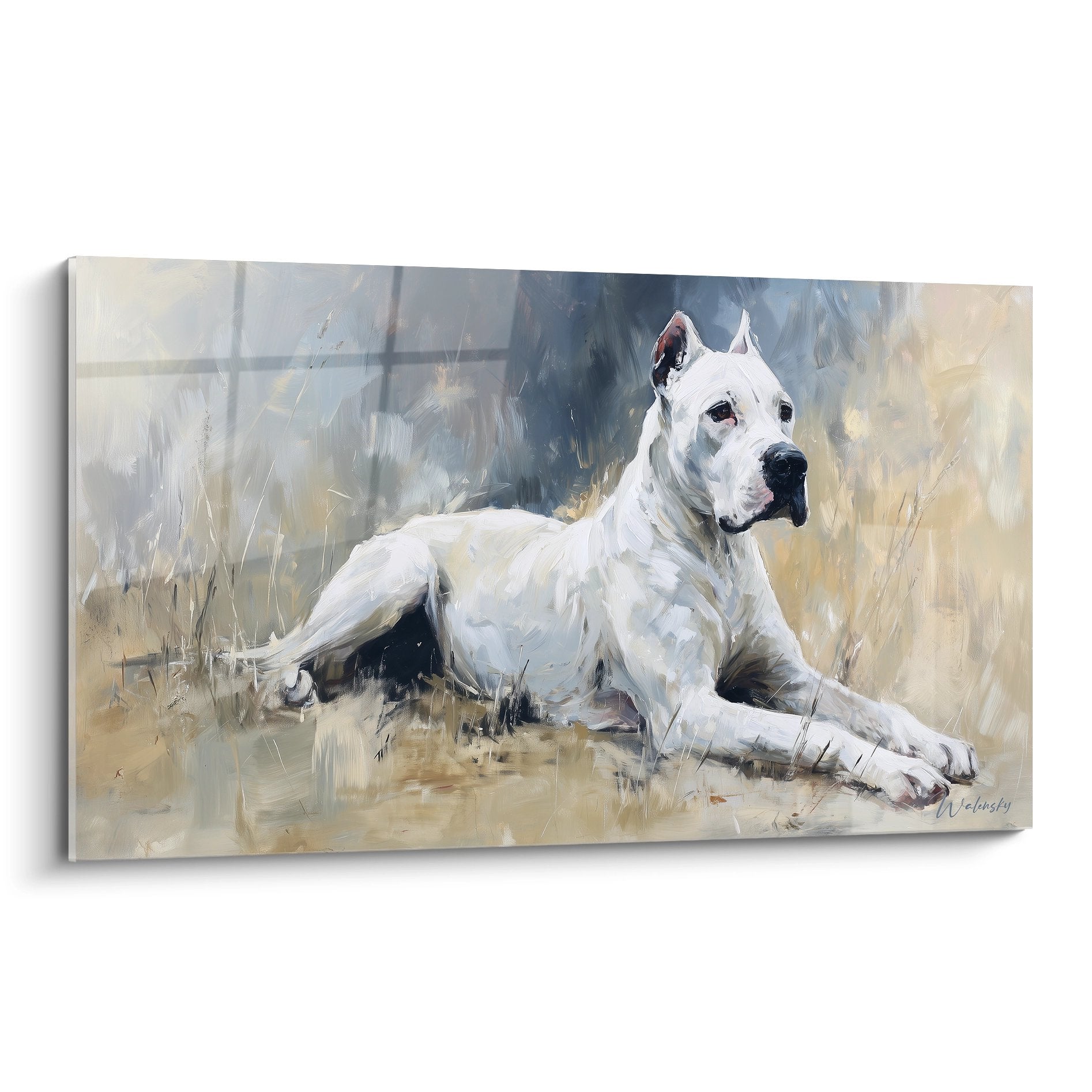 Tableau artistique Dogue Argentin blanc allonge tons poudrés beiges grises peinture texture impressionniste