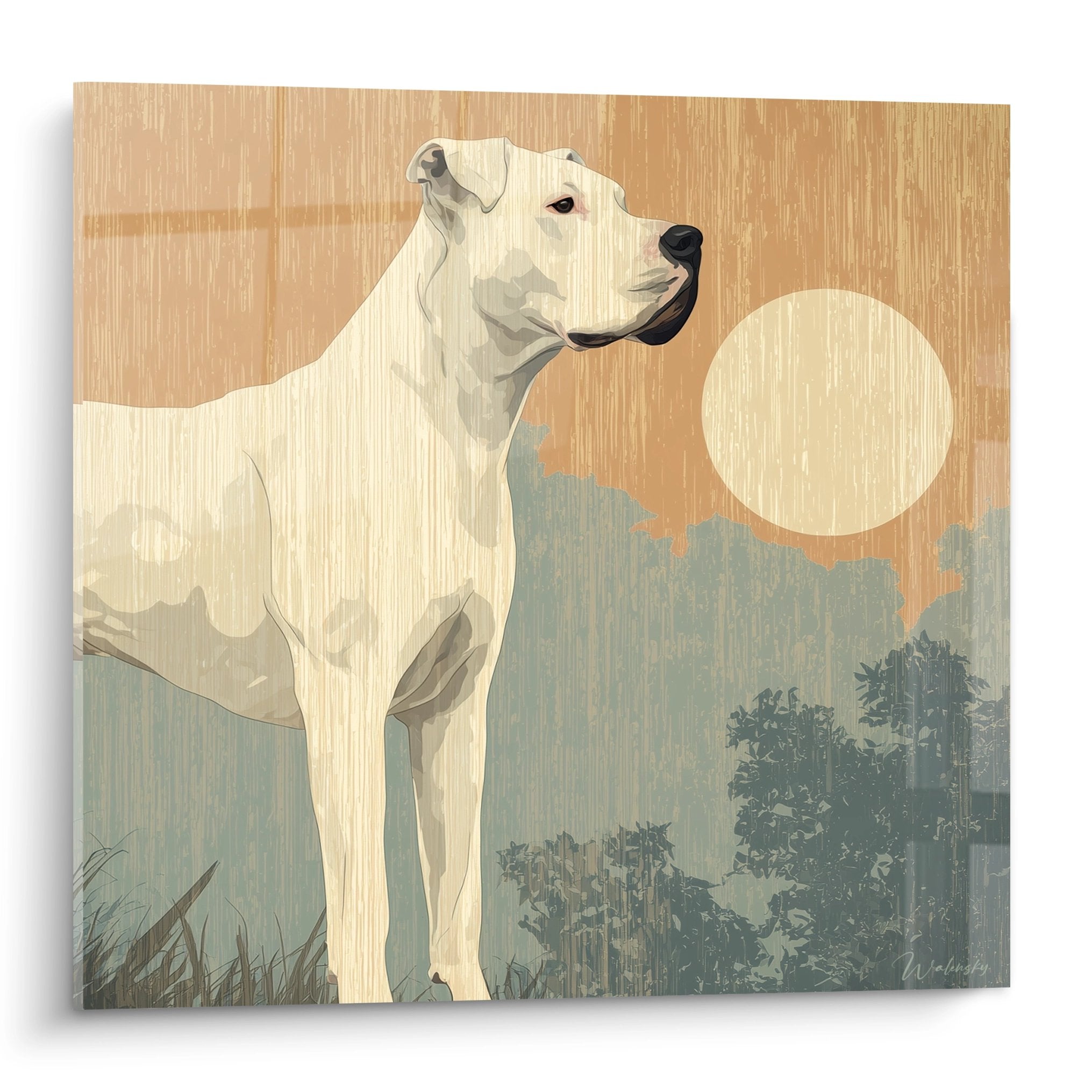 Tableau dogue argentin blanc dans paysage doré au coucher de soleil avec montagnes bleutées