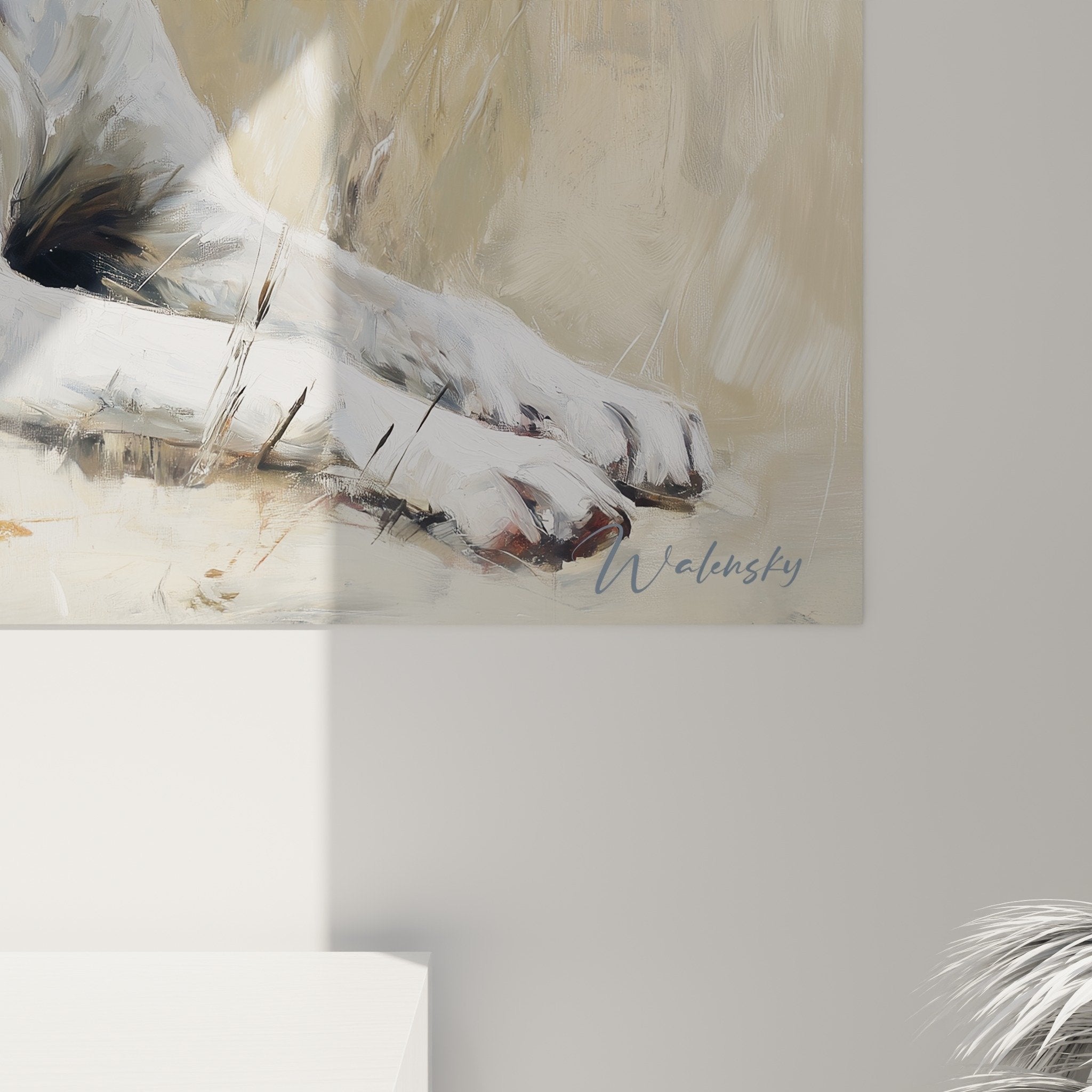 Tableau Dogue Argentin blanc vue ensemble decoration murale tons beiges grises palette neutre