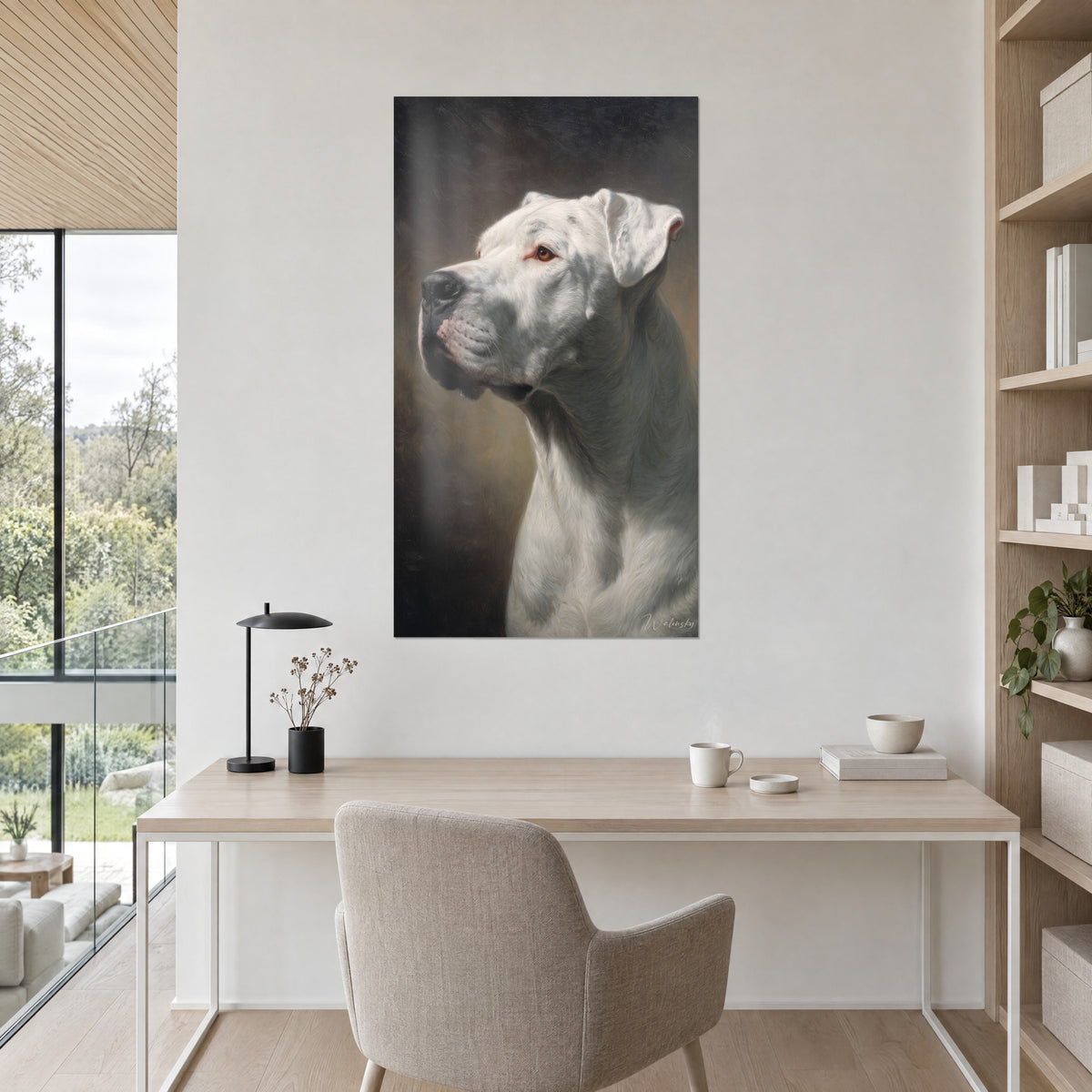 Wall art giant white bulldog in three-quarter portrait, anthracite and warm brown background, light wood desk, potted olive tree