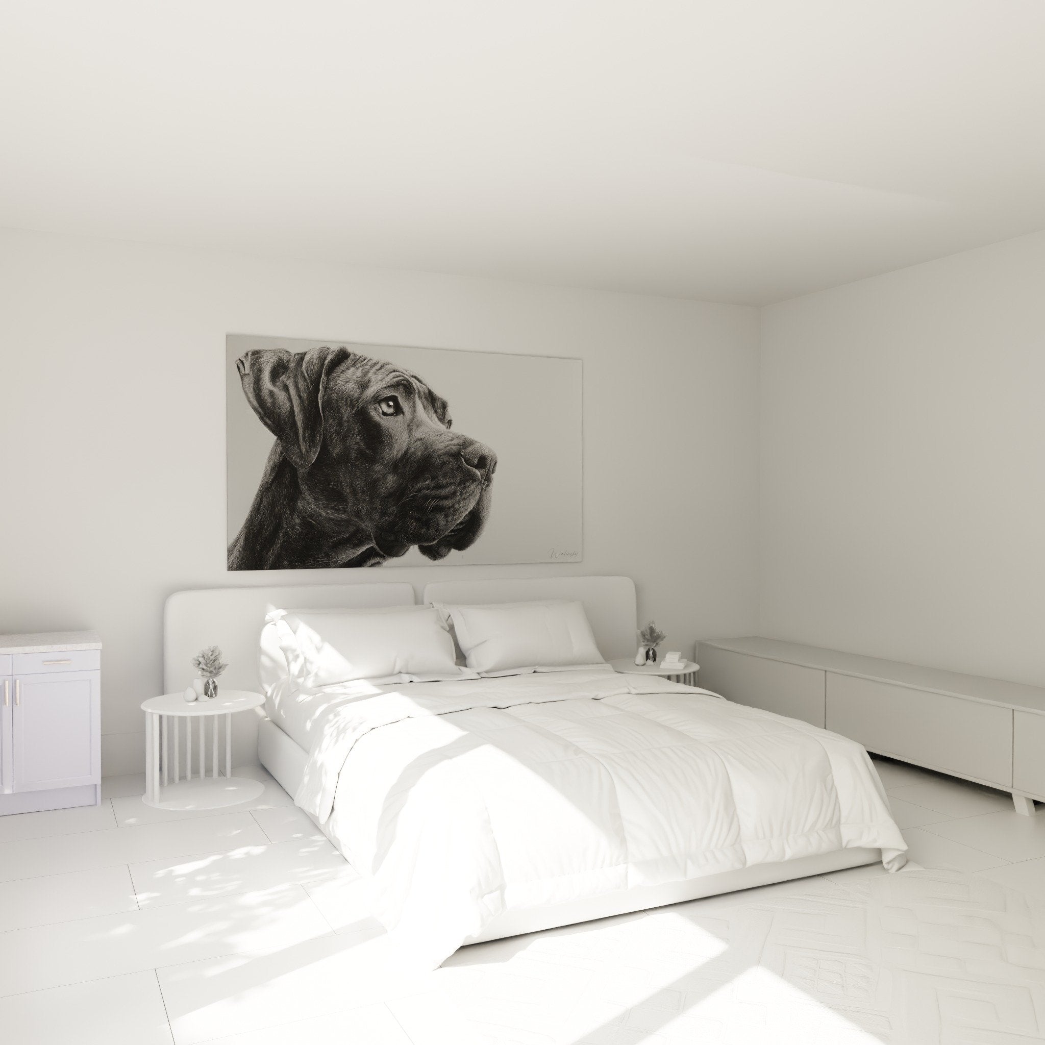 Tableau portrait chien dogue argentin chambre decoration murale ambiance cosy tons neutres