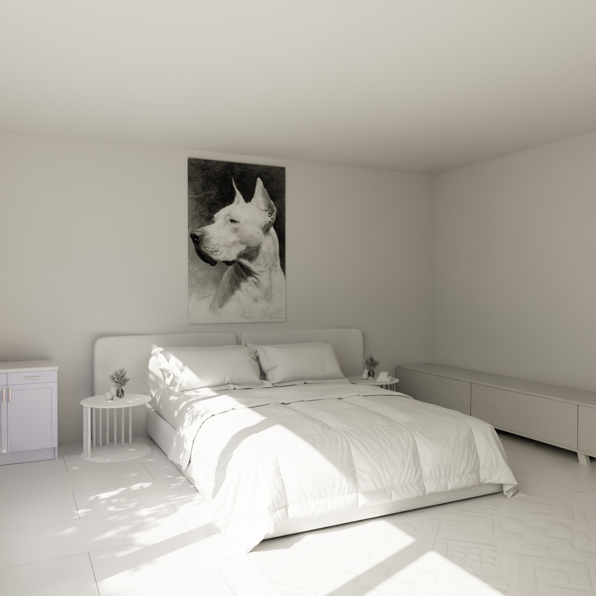 Tableau portrait dogue argentin blanc accroche murale chambre decoration art canin dessin realiste noir blanc