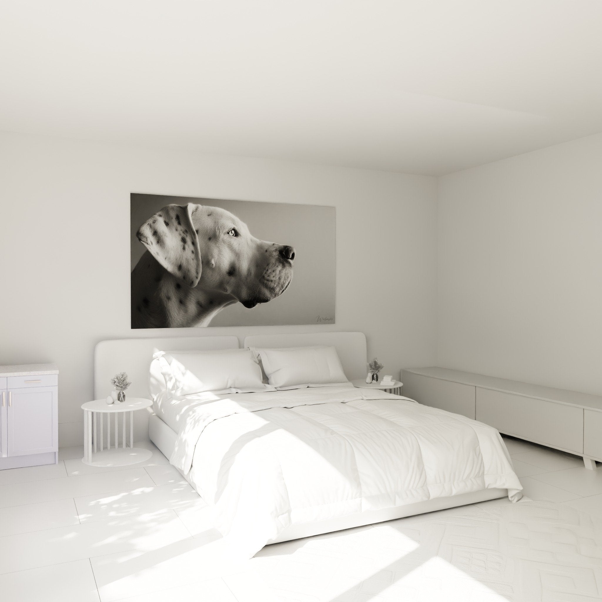 Tableau portrait Dogue Argentin noir et blanc accroché au mur d'une chambre moderne et épurée
