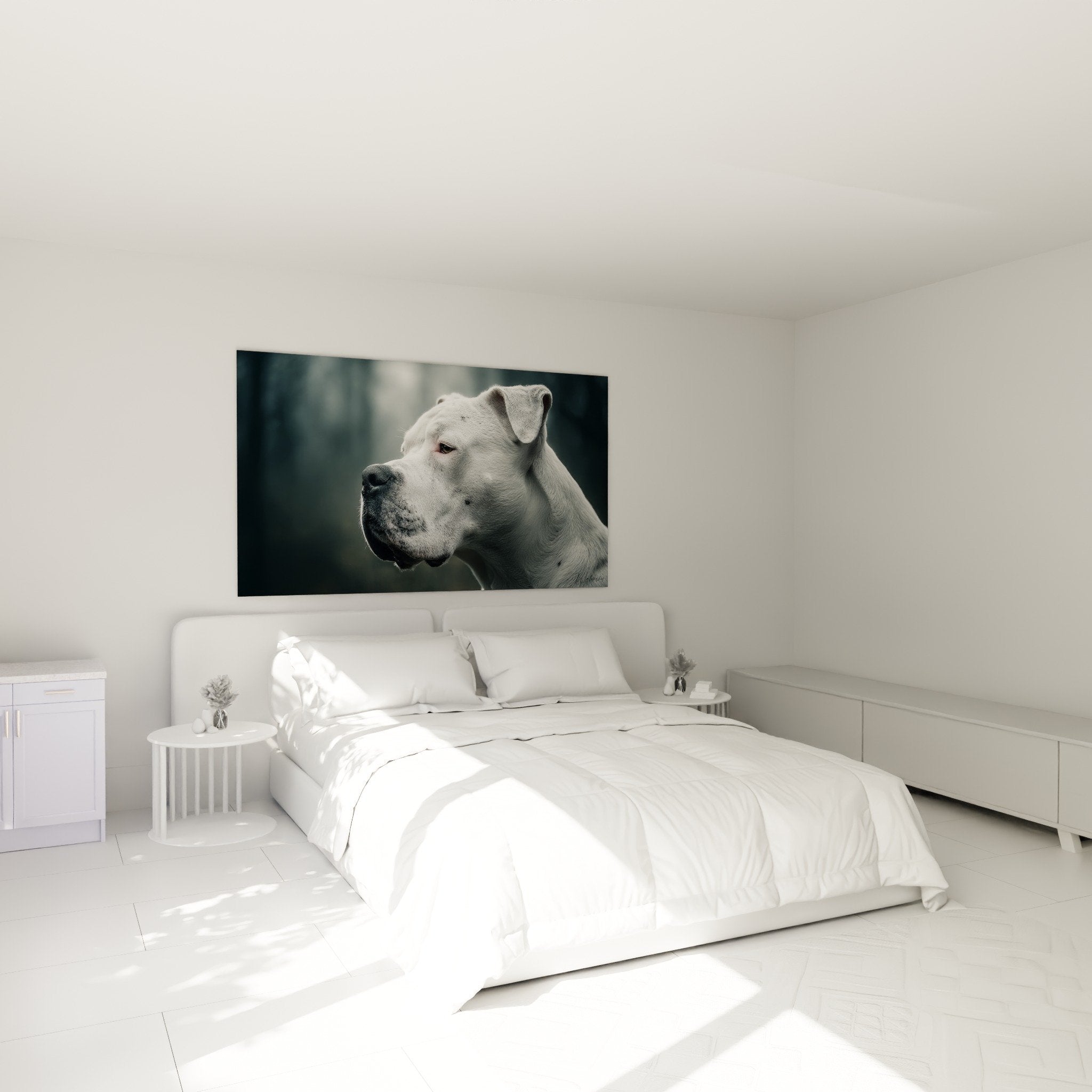 Tableau portrait Dogue Argentin blanc décorant une chambre moderne aux tons neutres