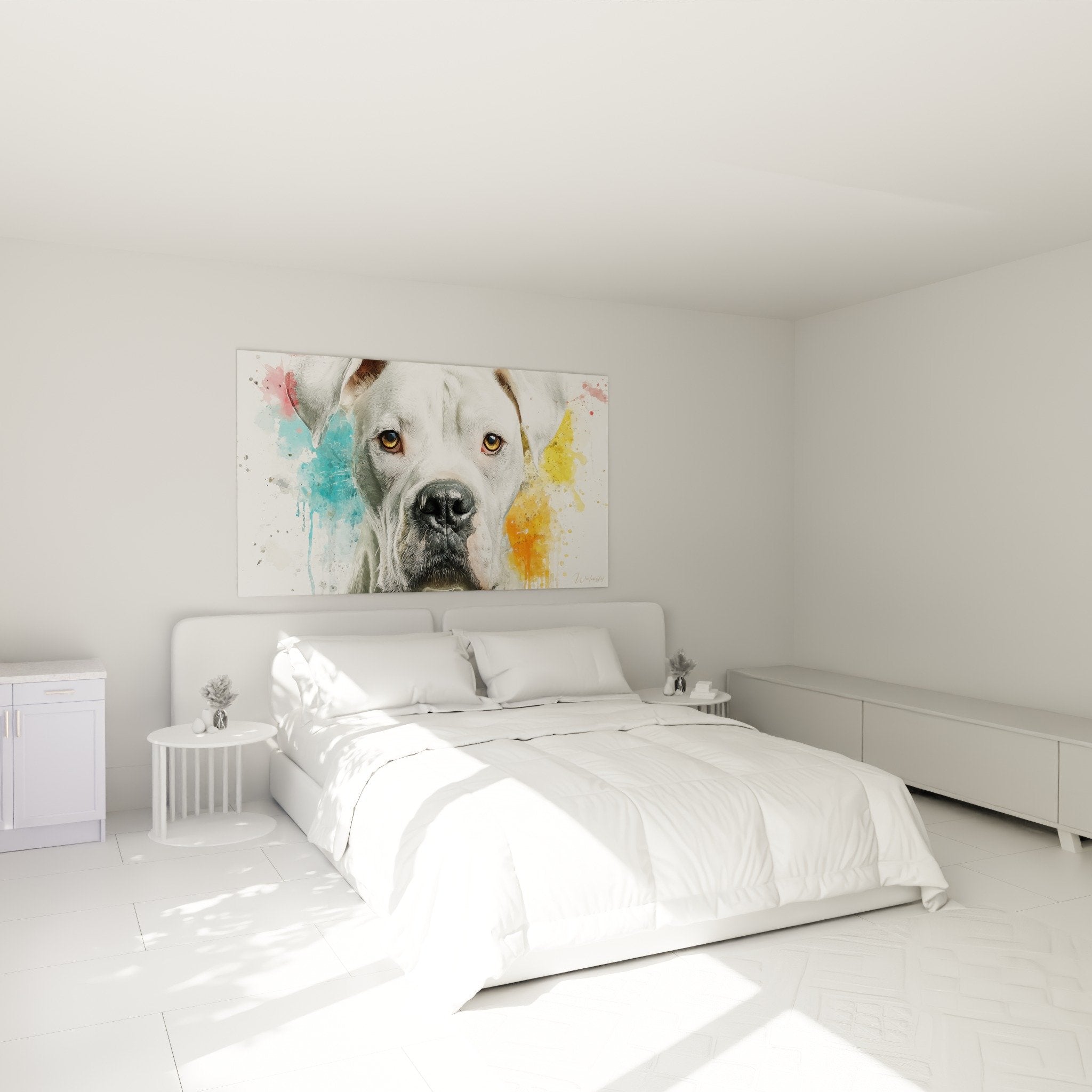 Tableau Dogue Argentin coloré accroché dans chambre moderne aux murs blancs
