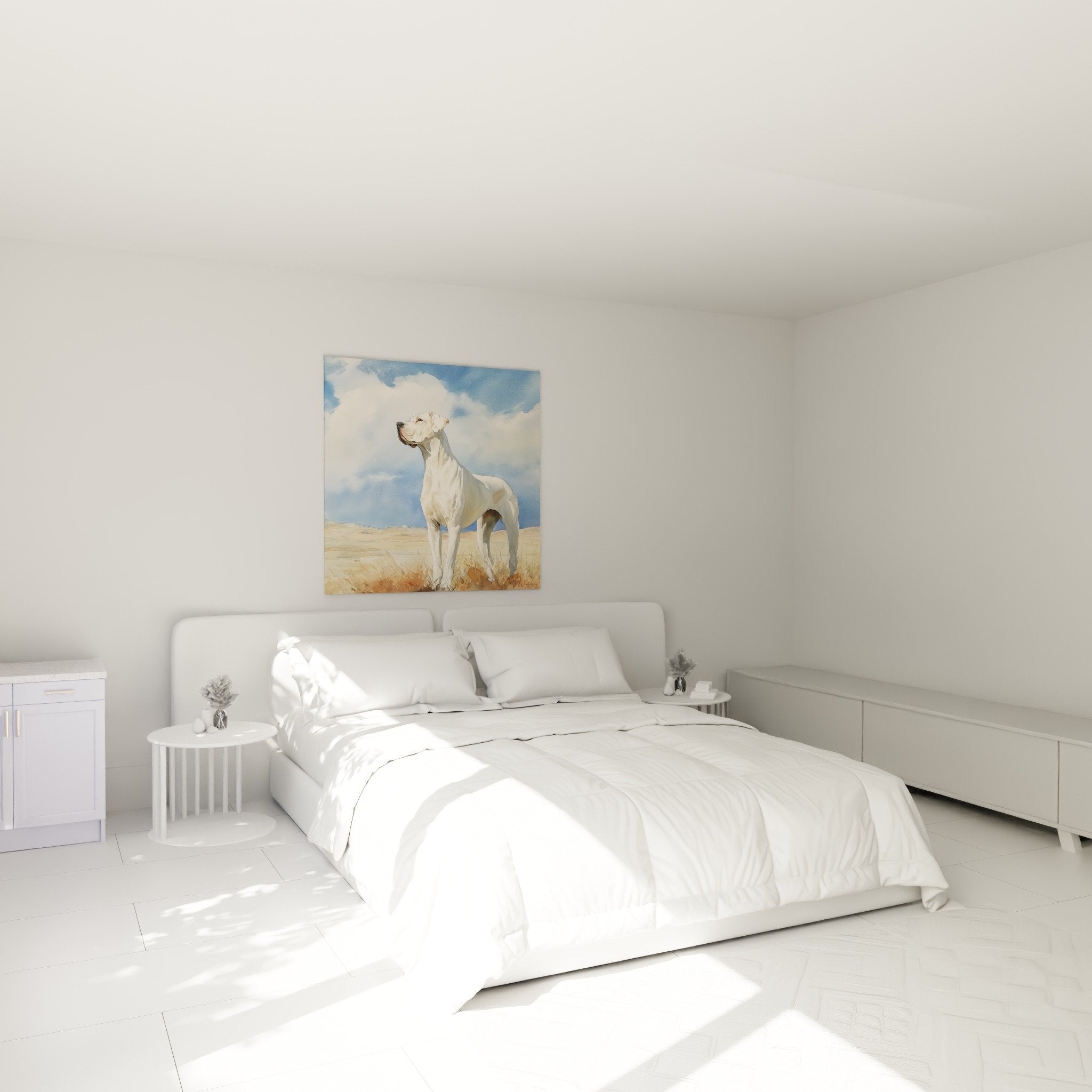 White Argentine Dogue wall art hung above a bed in a bedroom with natural tones