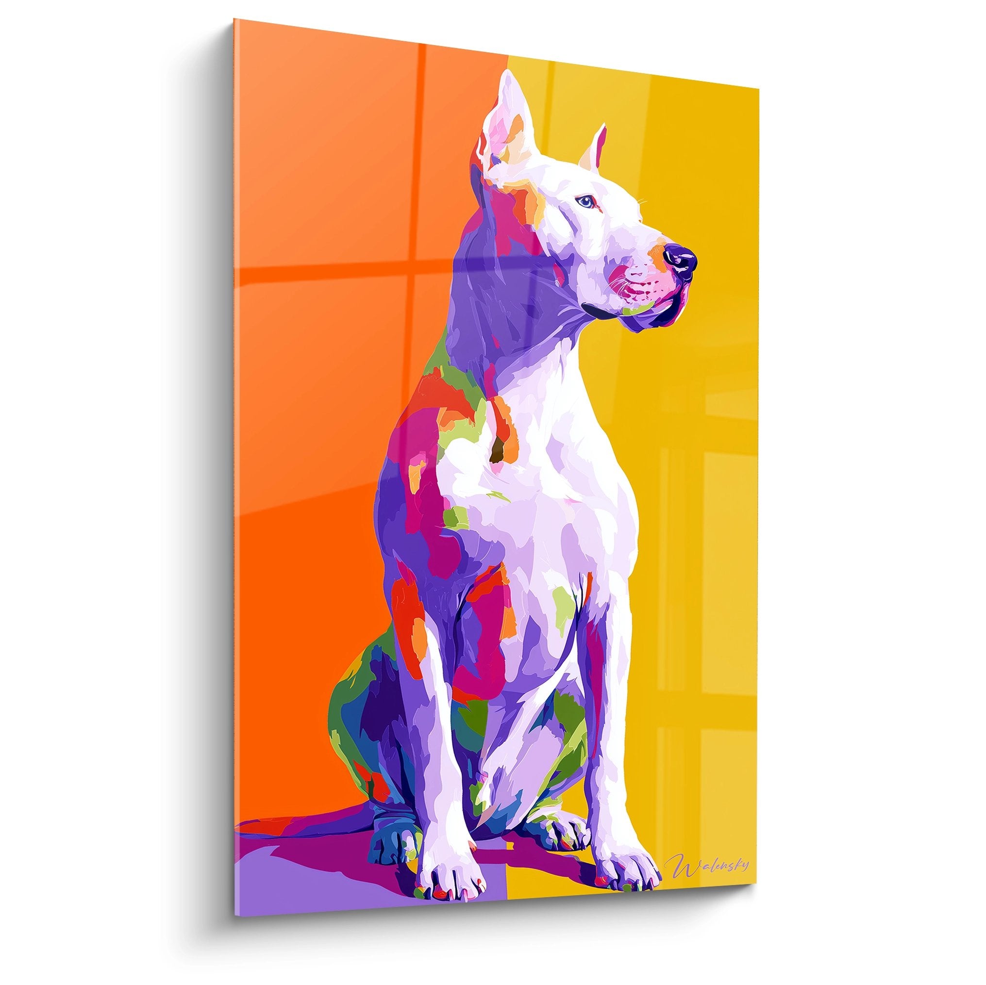 Tableau moderne Dogue Argentin assis aux couleurs geometriques violettes orange et jaune sur toile