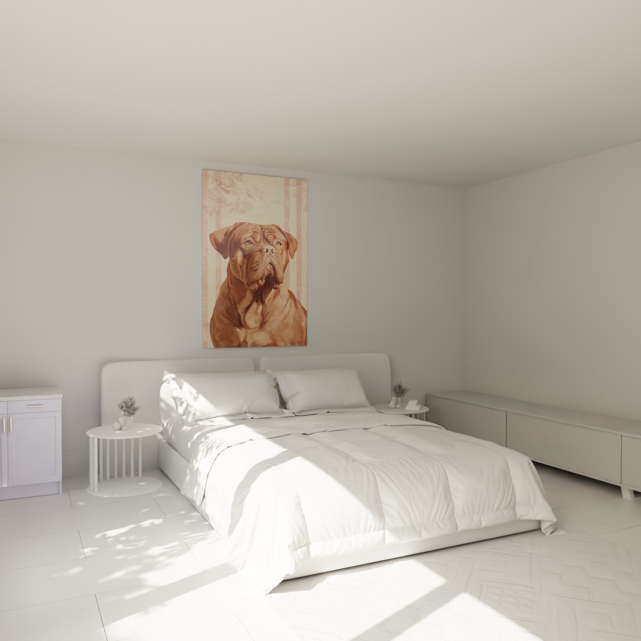 Bordeaux-Dogge Wandbild Schlafzimmer Wanddekoration Hundeporträt warme Farbtöne gemütliche Vintage-Atmosphäre